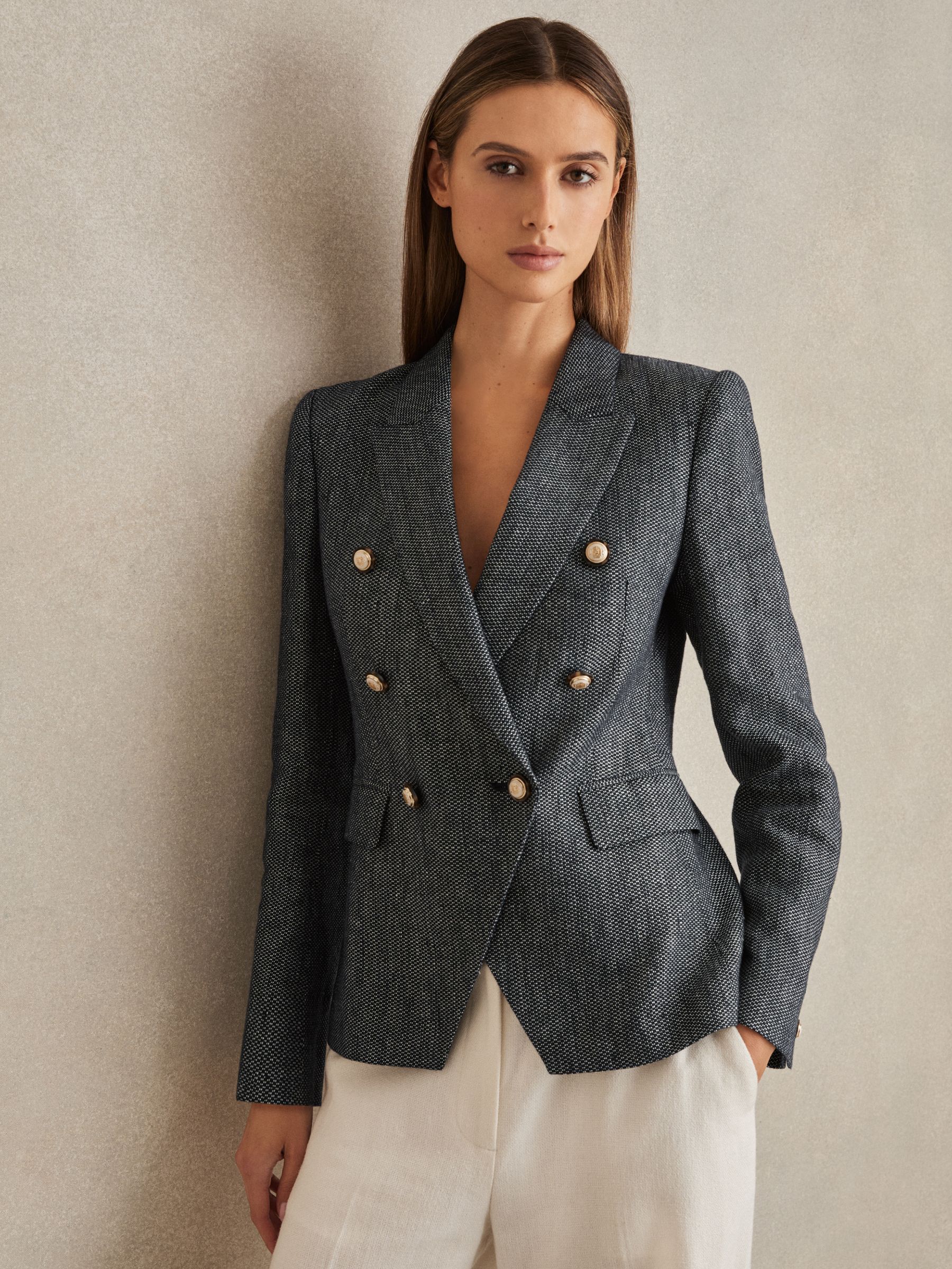Petite Linen-Cotton Double-Breasted Blazer in Navy - image 3