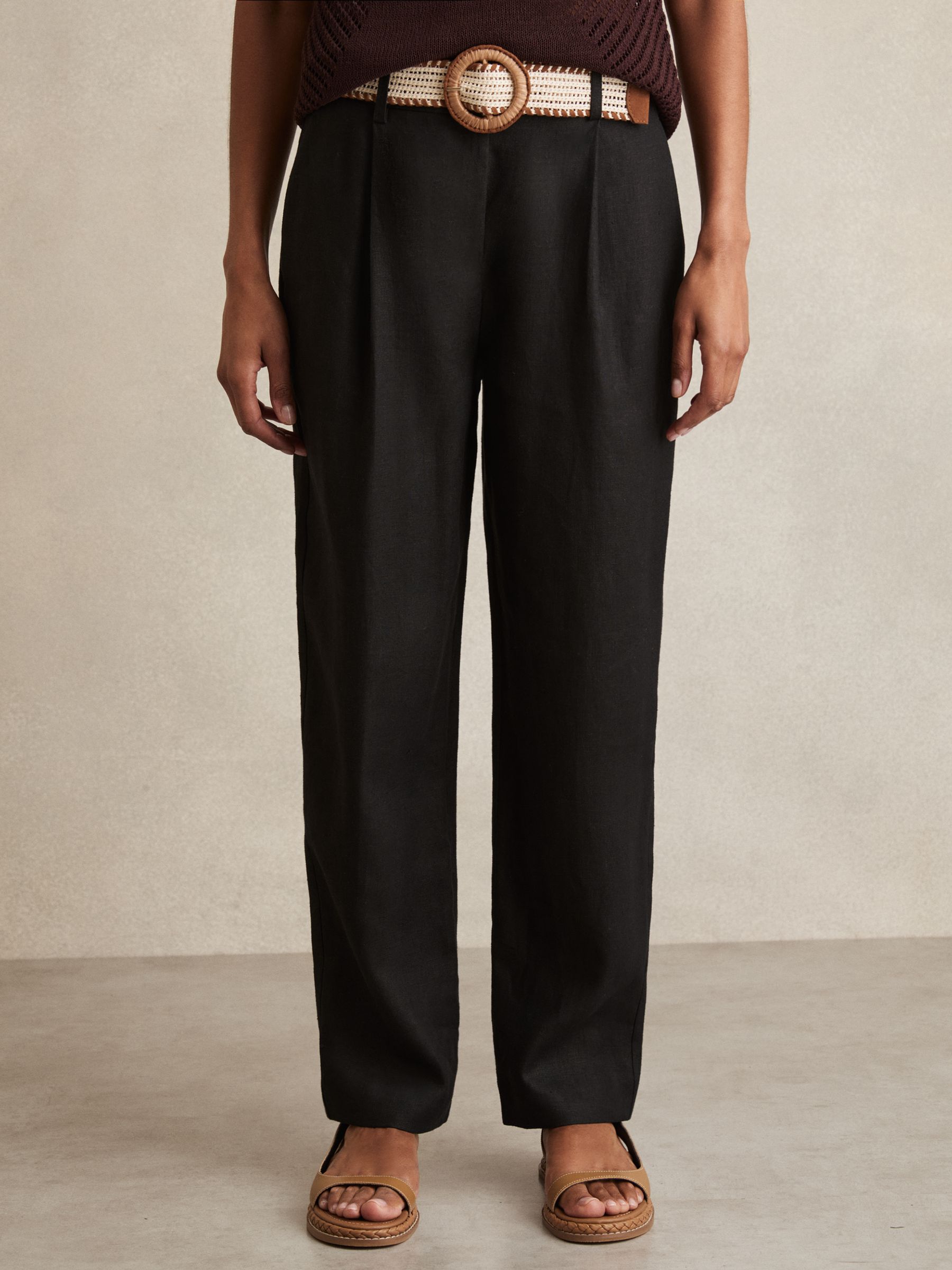 Petite Linen Belted Tapered Trousers in Black - Image 3 of 8
