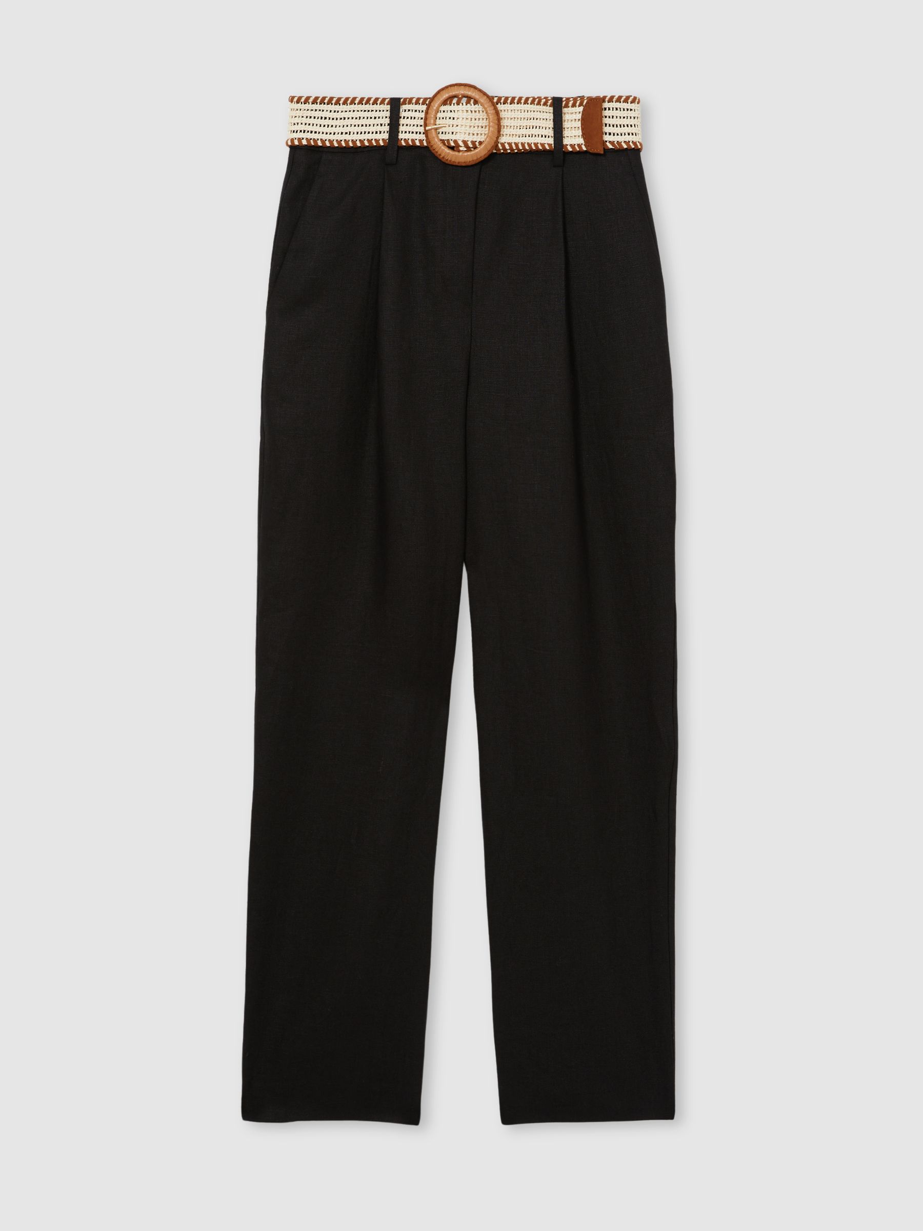 Linen Belted Tapered Trousers in Black - Image 2 of 6