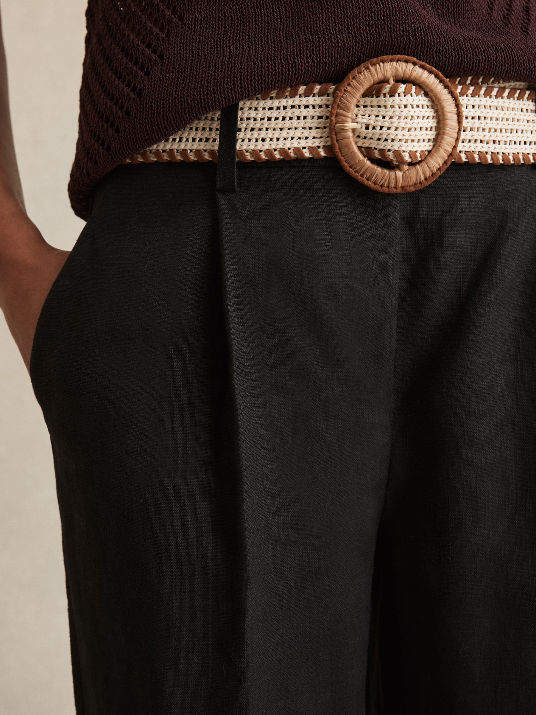 Linen Belted Tapered Trousers in Black - Image 4 of 6