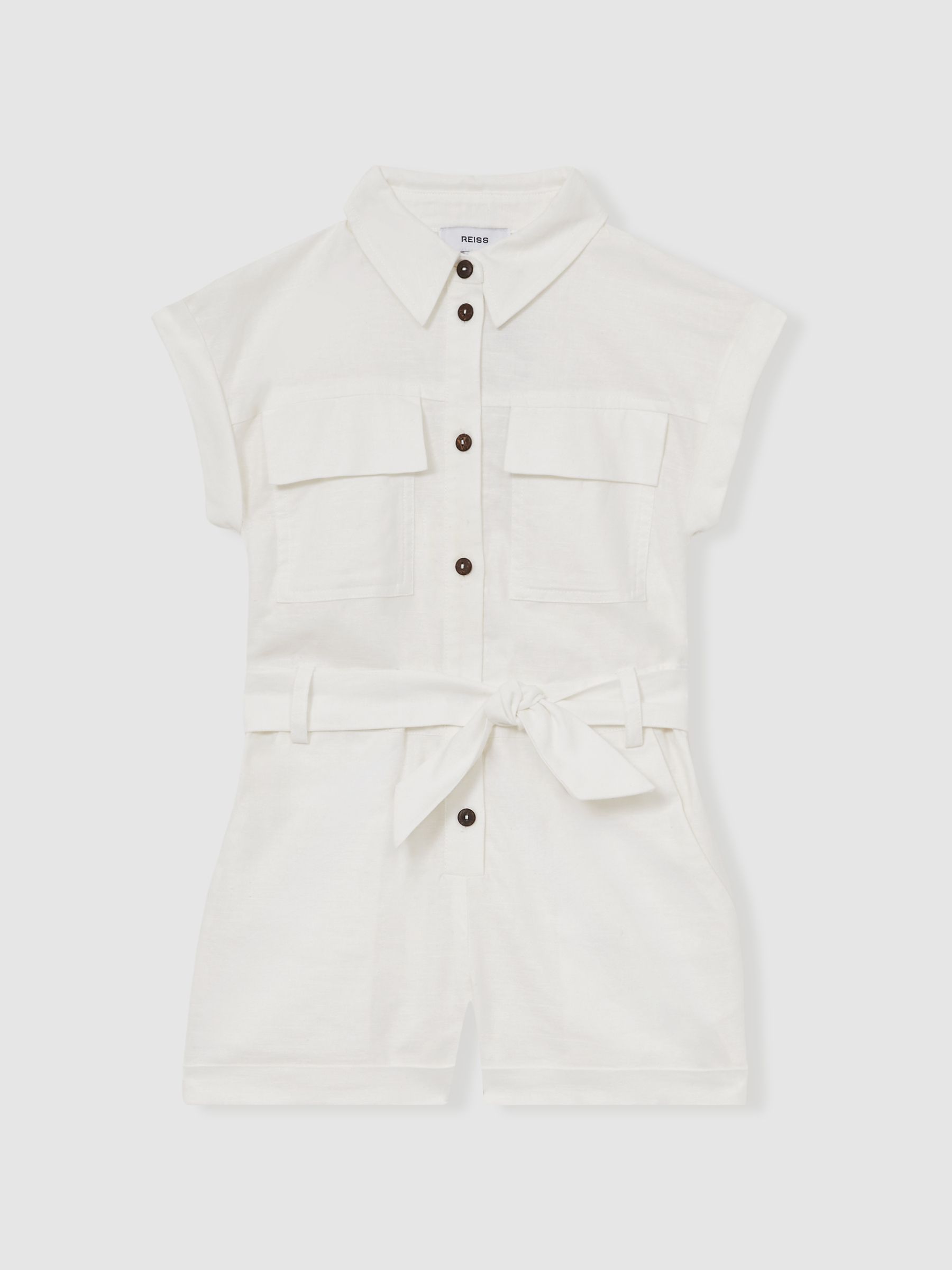 13-14 yrs Cotton-Linen Belted Playsuit in Ivory - Image 1 of 4