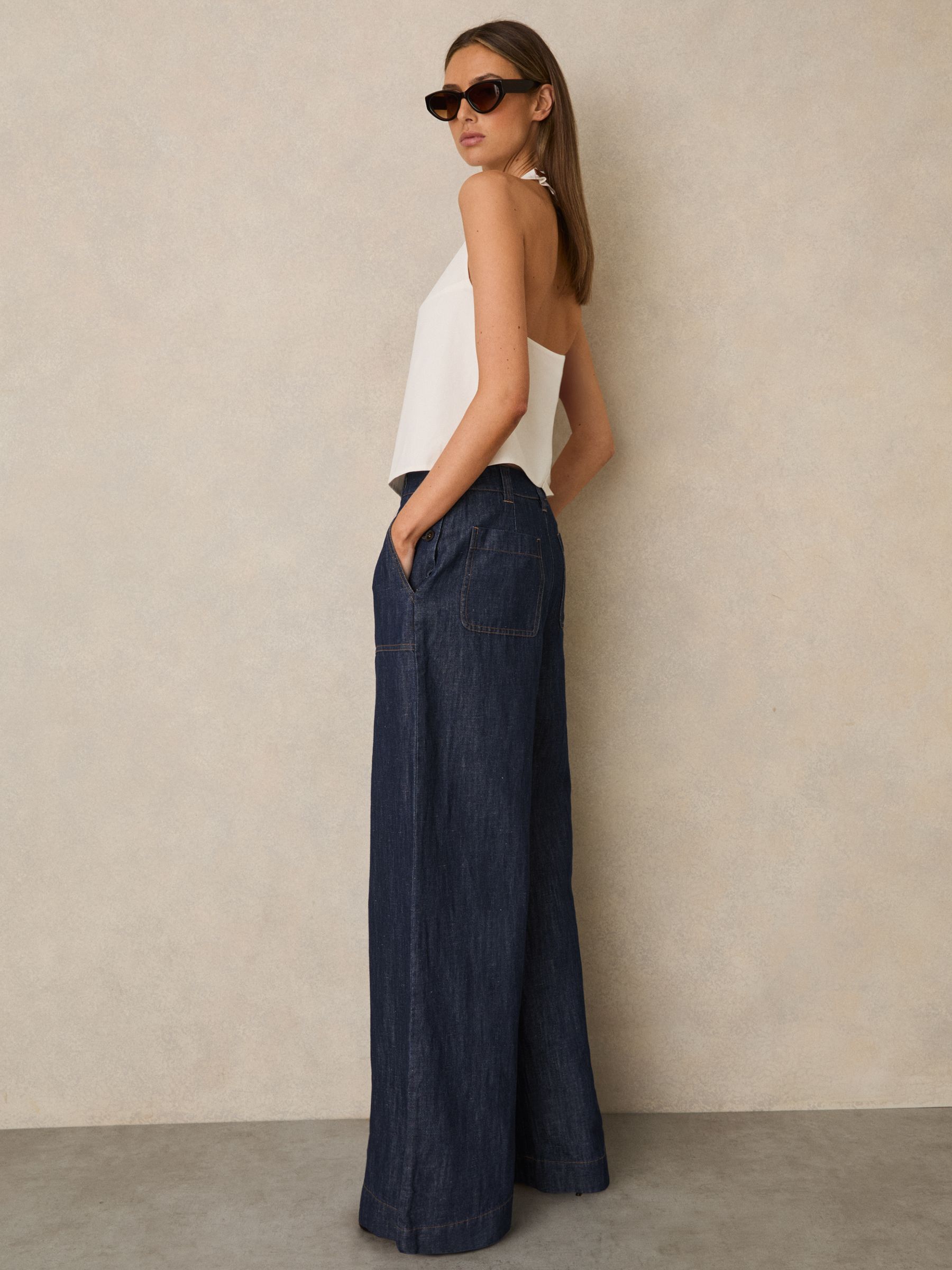 Petite Linen-Cotton Wide-Leg Trousers in Indigo - Image 1 of 7