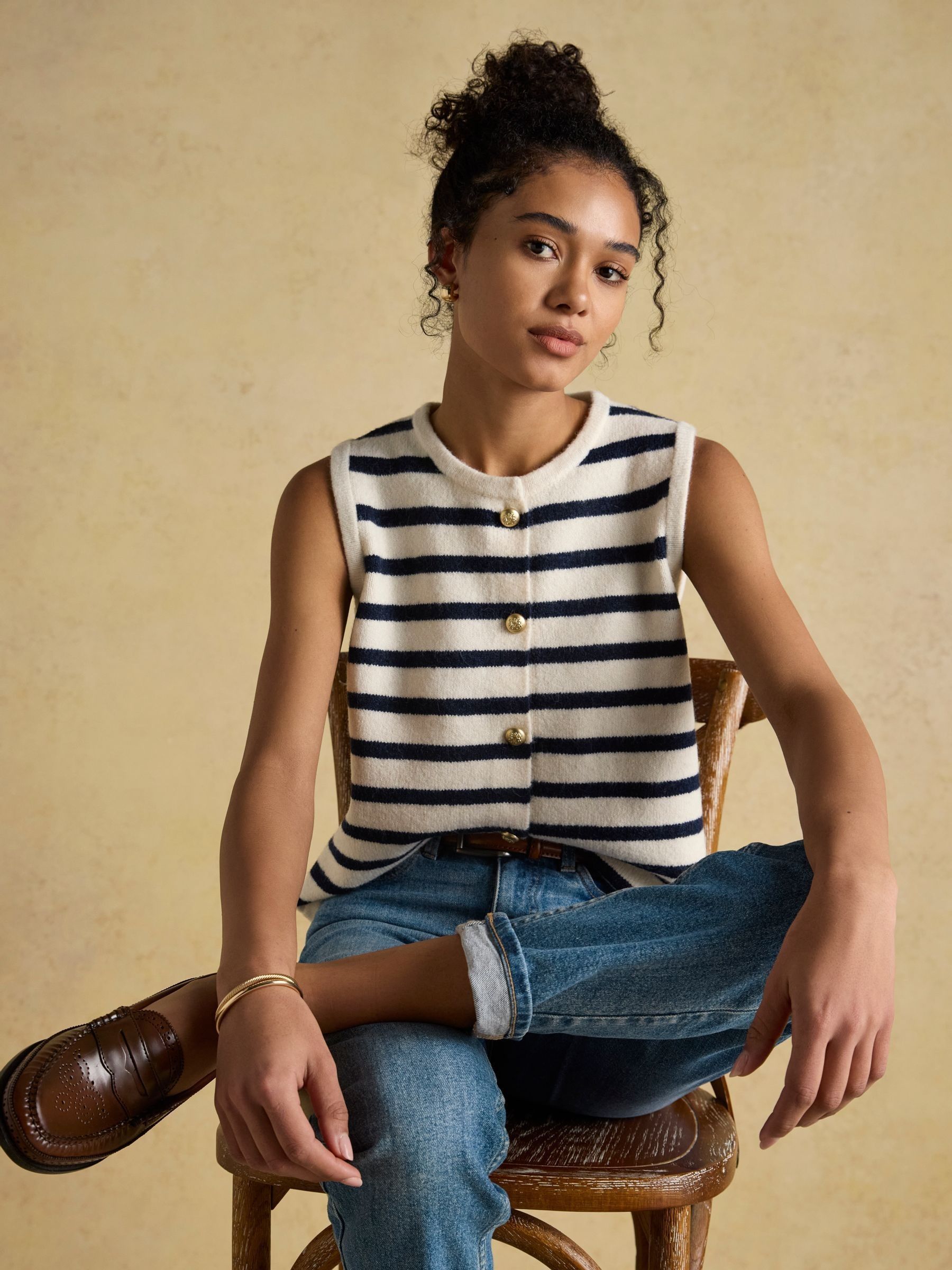Holly Cream/Navy Button Through Knitted Vest - Image 3 of 9
