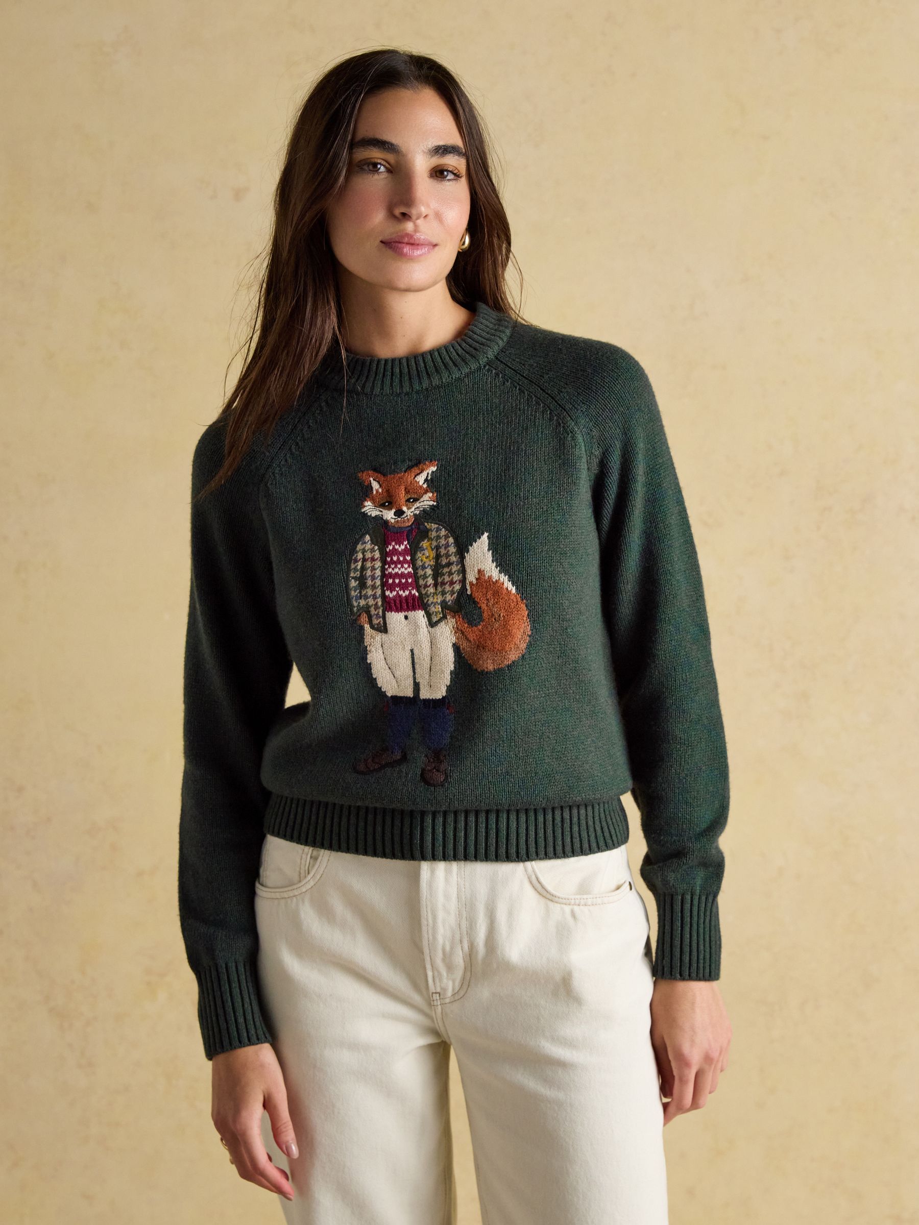Green Jonty Fox Embroidered Cotton-Rich Crew Neck Jumper