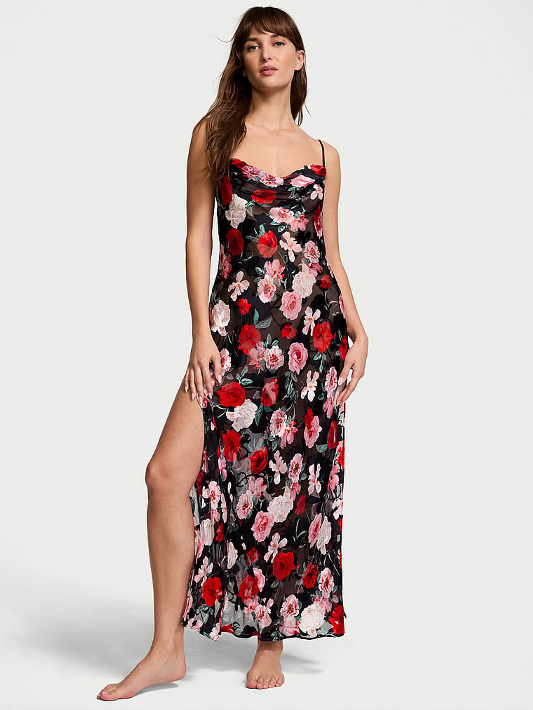 Black Floral Atelier Burnout Satin Plunge Dress - Image 1 of 4