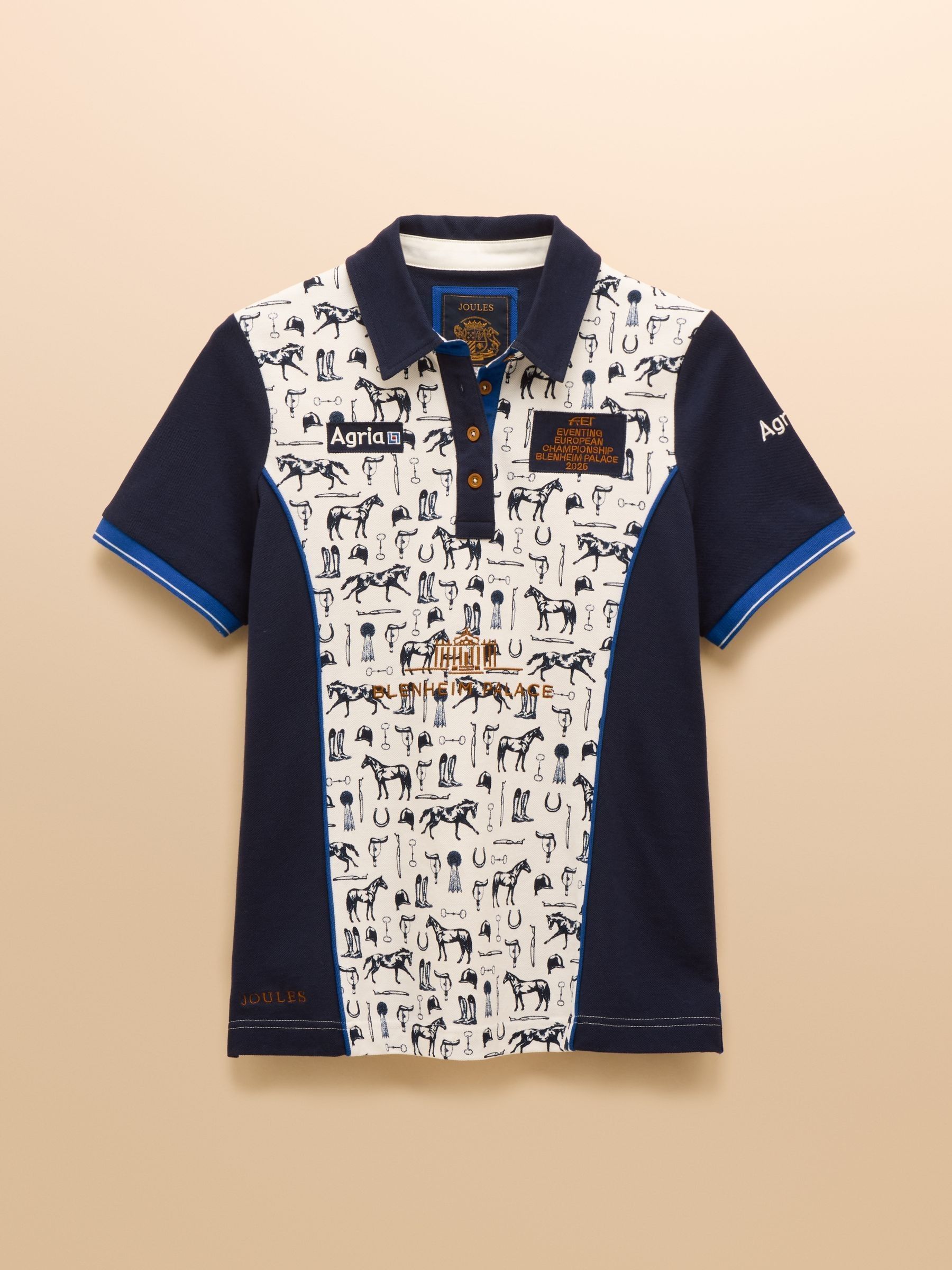 Official Blenheim Cream/Navy European Championship Horse Print Pique Polo Shirt - Image 14 of 14