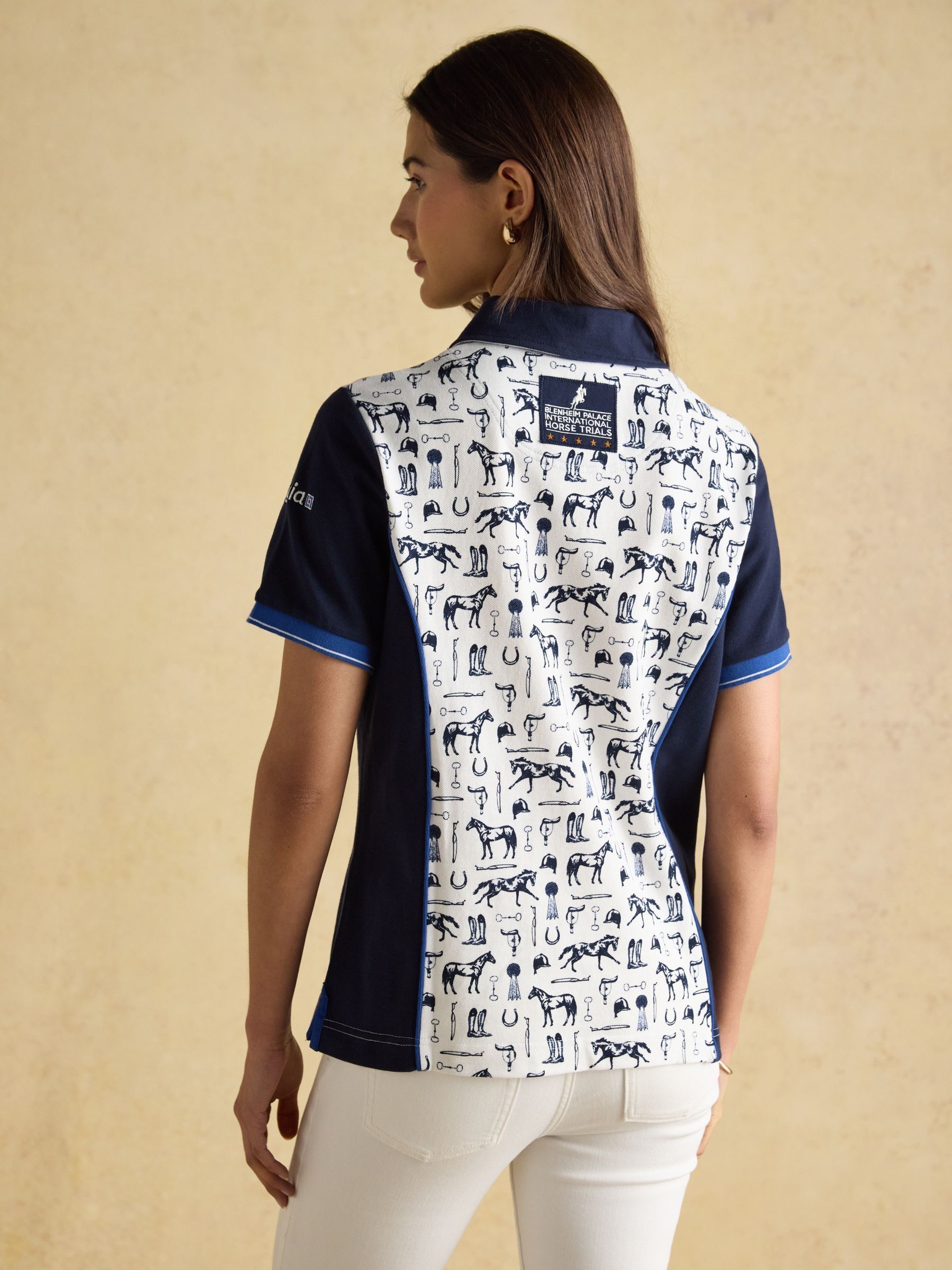 Official Blenheim Cream/Navy European Championship Horse Print Pique Polo Shirt - Image 7 of 14