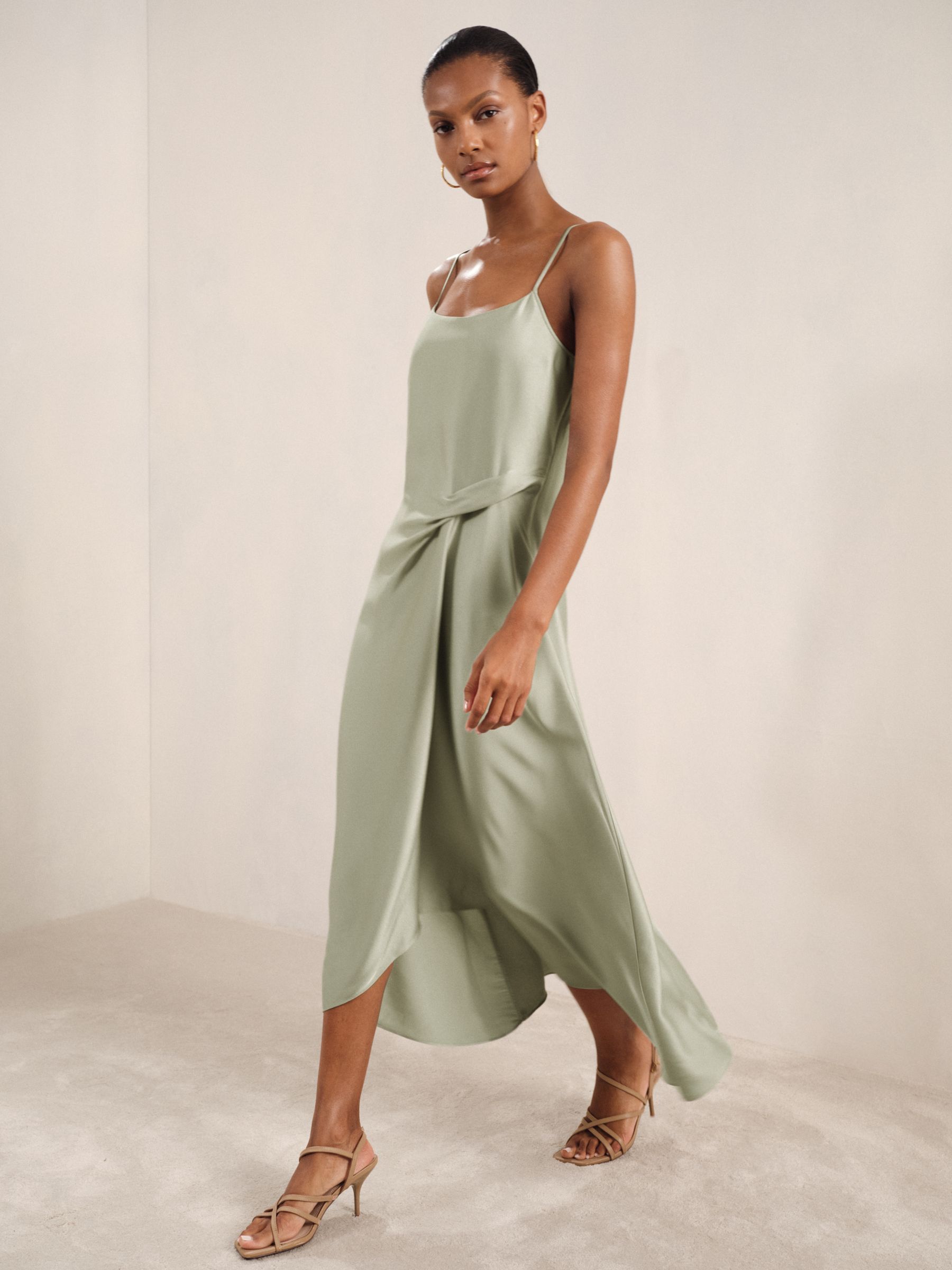 Satin Drape-Detail Slip Dress in Sage - Image 1 of 6