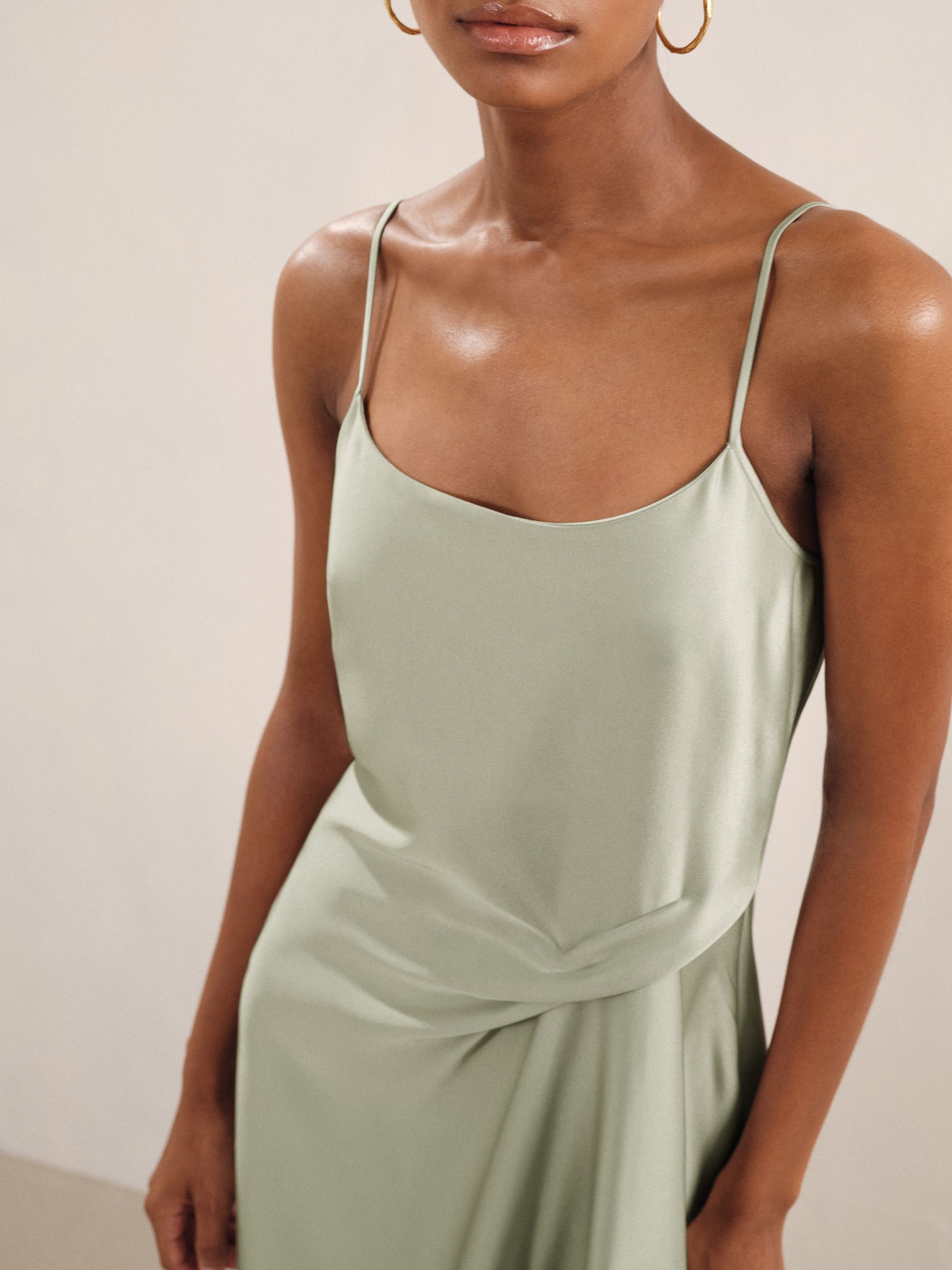 Satin Drape-Detail Slip Dress in Sage - Image 3 of 6