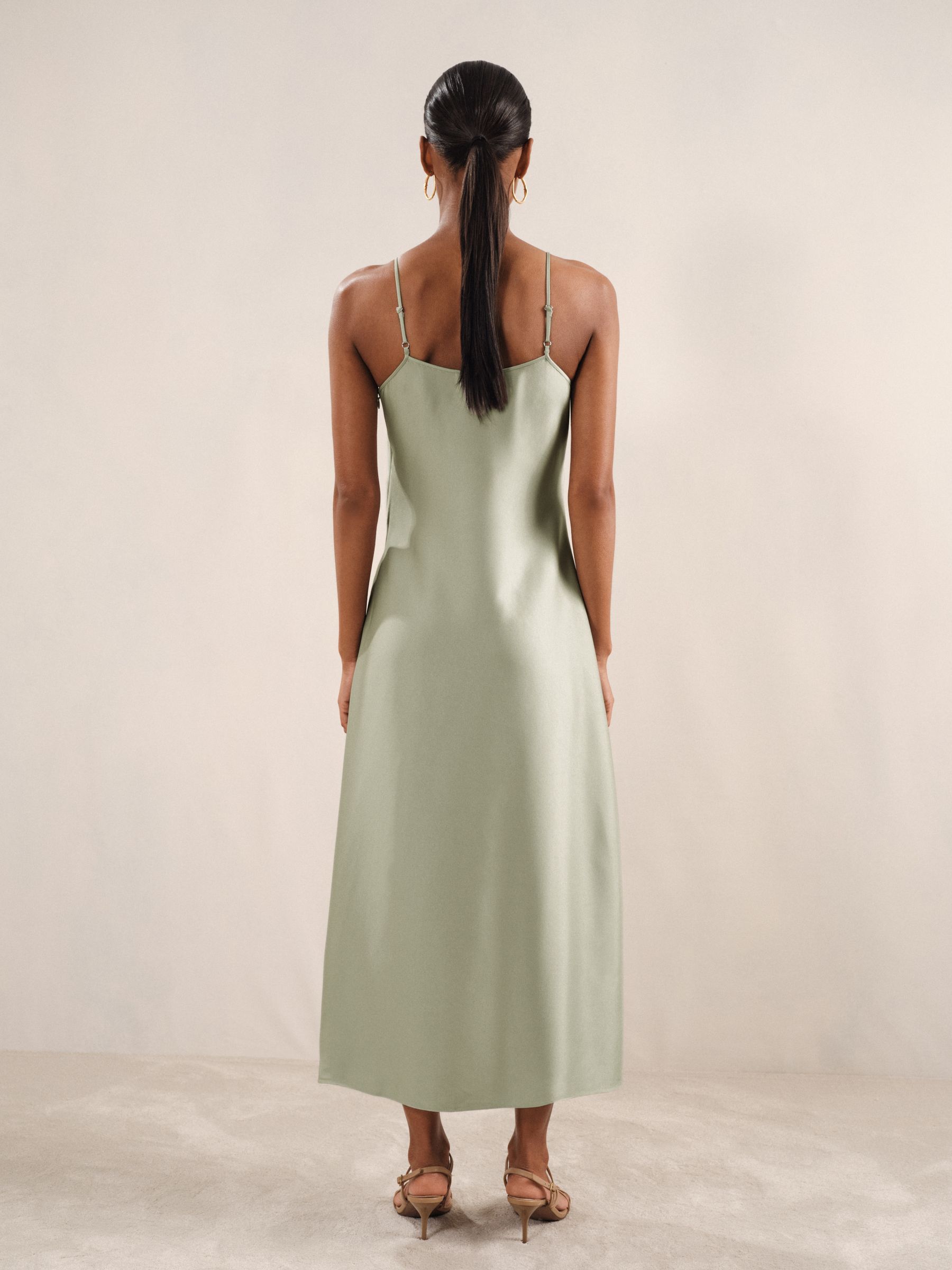 Satin Drape-Detail Slip Dress in Sage - Image 4 of 6