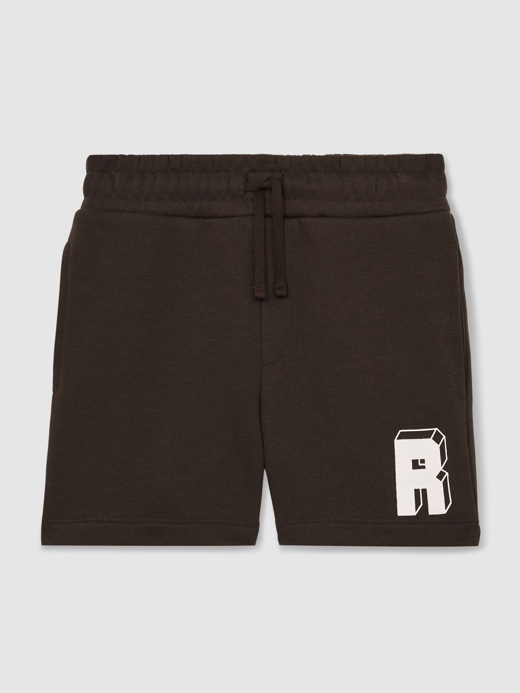 9-13 yrs Jersey Drawstring R Print Shorts in Chocolate Brown / Off White - Image 2 of 4