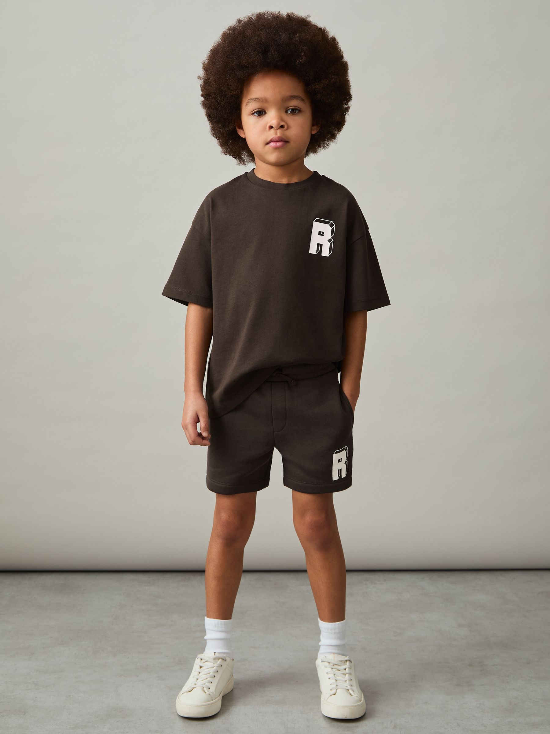 9-13 yrs Jersey Drawstring R Print Shorts in Chocolate Brown / Off White - Image 3 of 4