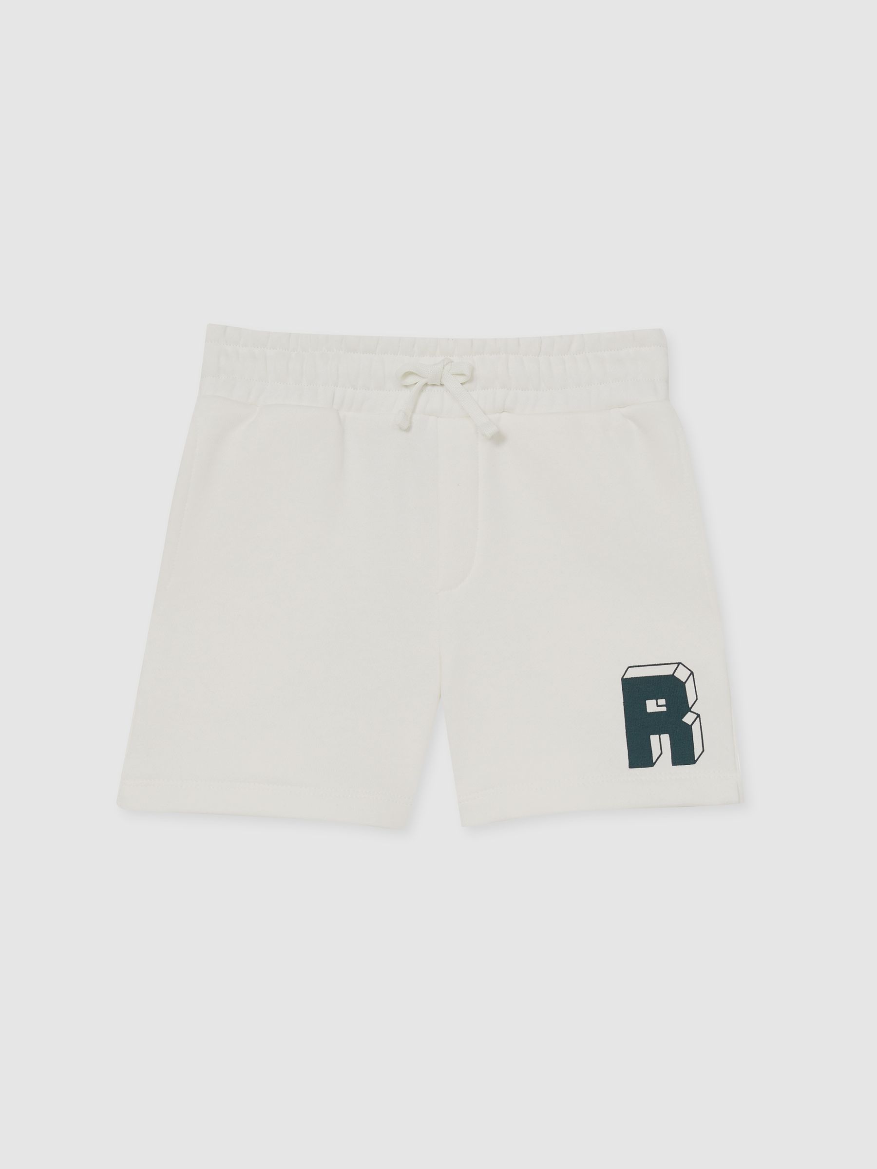 9-13 yrs Jersey Drawstring R Print Shorts in Off White/Forest Green - Image 2 of 4