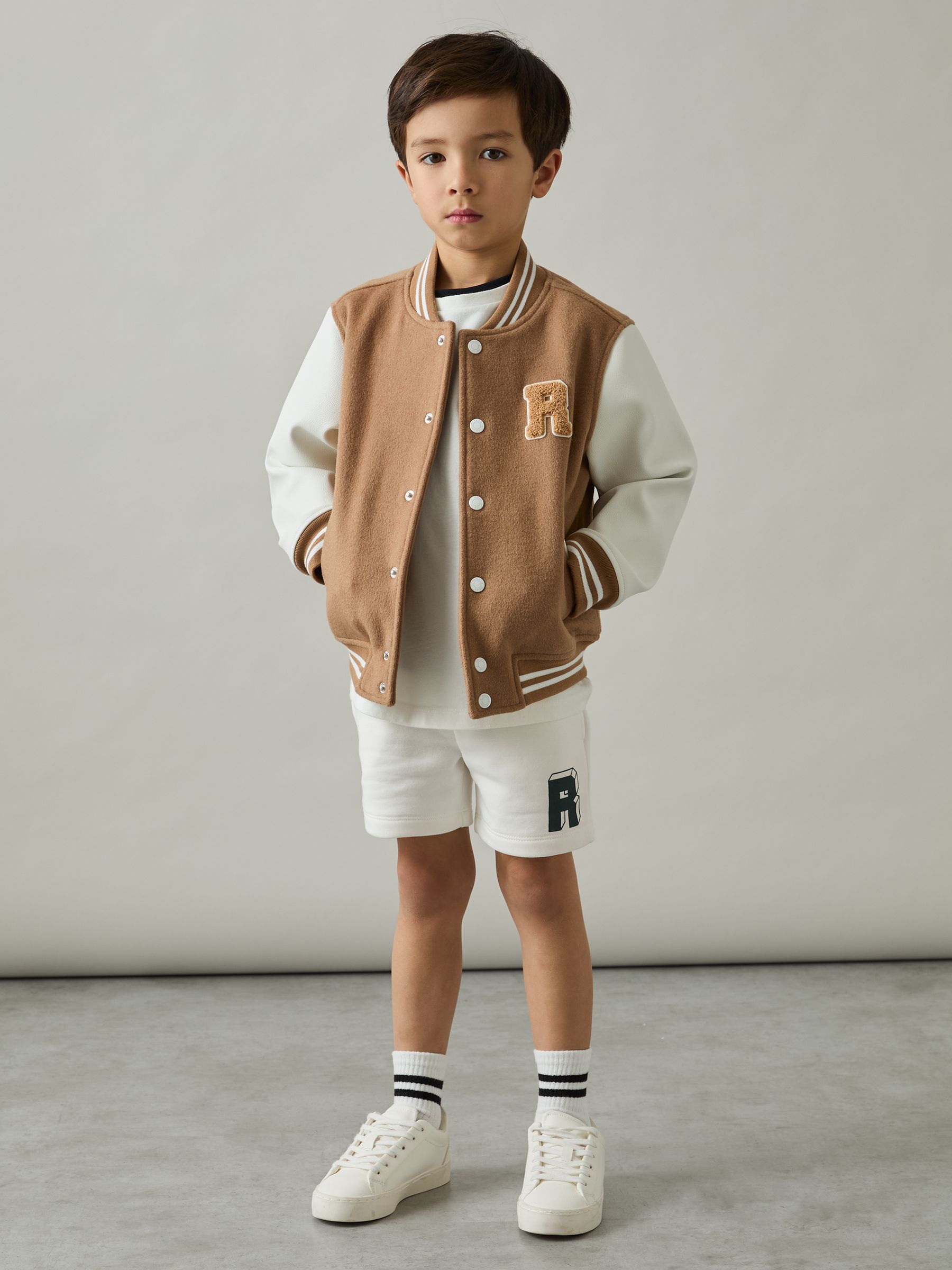 9-13 yrs Jersey Drawstring R Print Shorts in Off White/Forest Green - Image 3 of 4