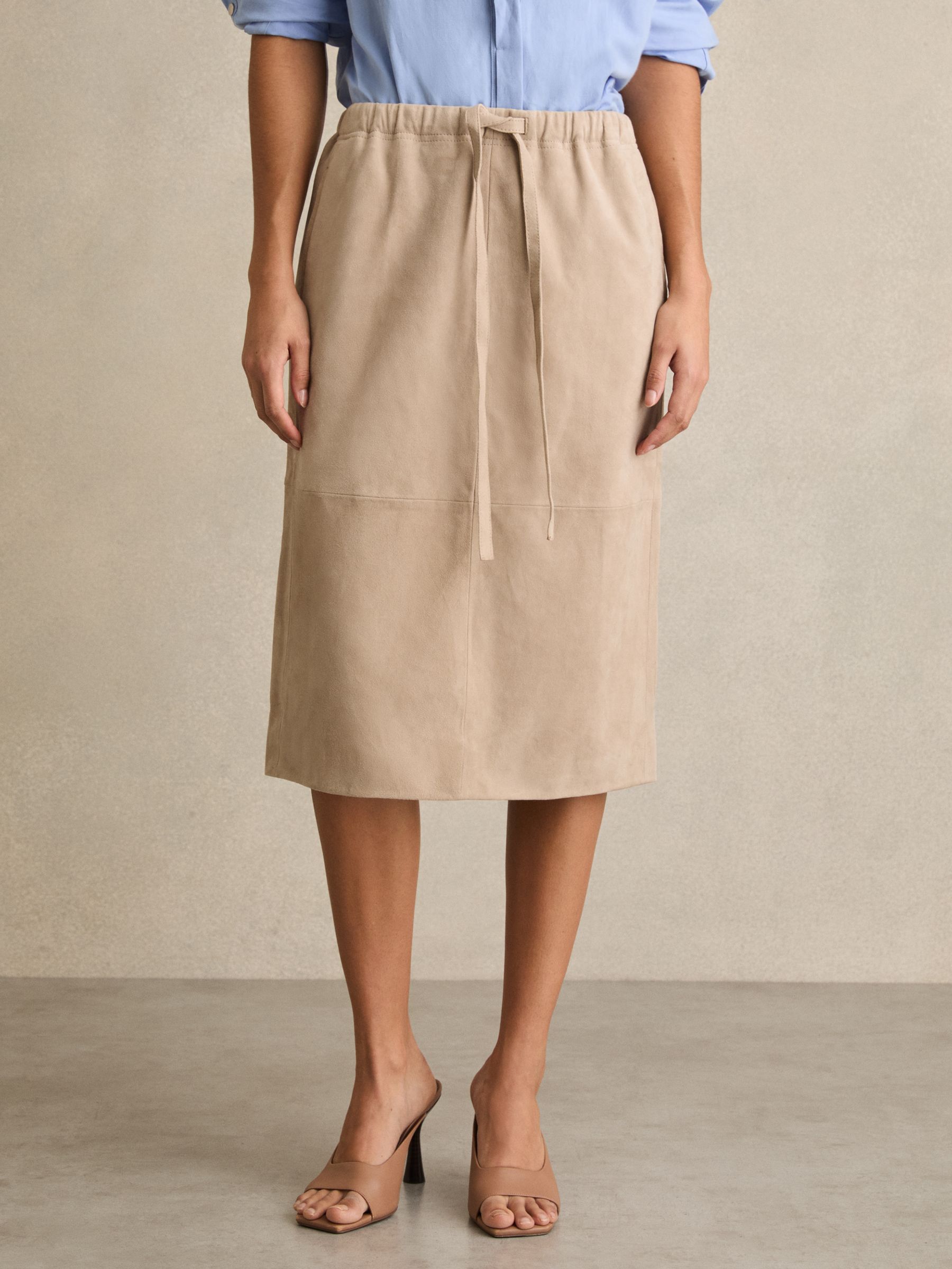 Suede Drawstring Midi Skirt in Neutral - Image 3 of 7