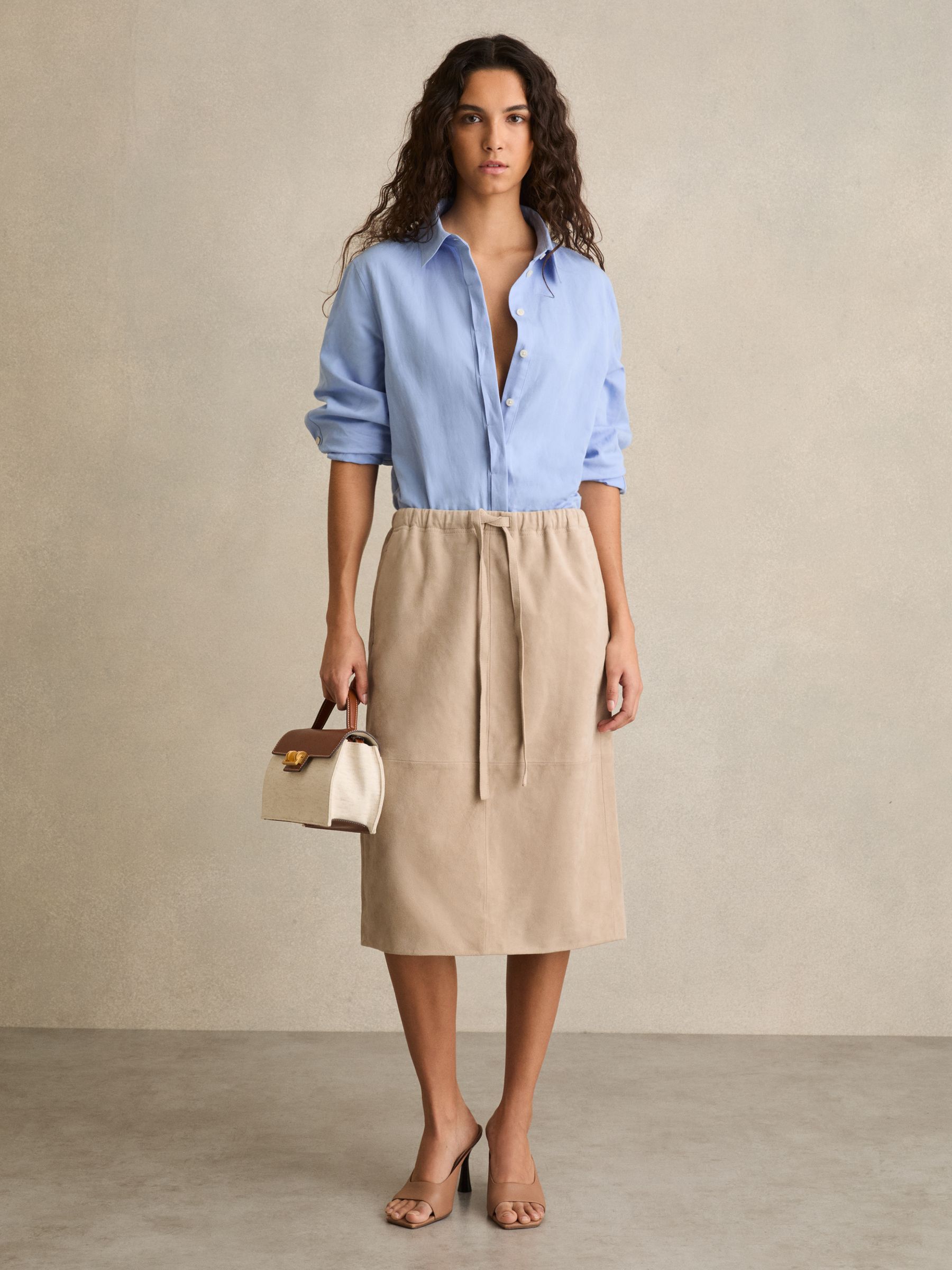 Suede Drawstring Midi Skirt in Neutral - Image 6 of 7