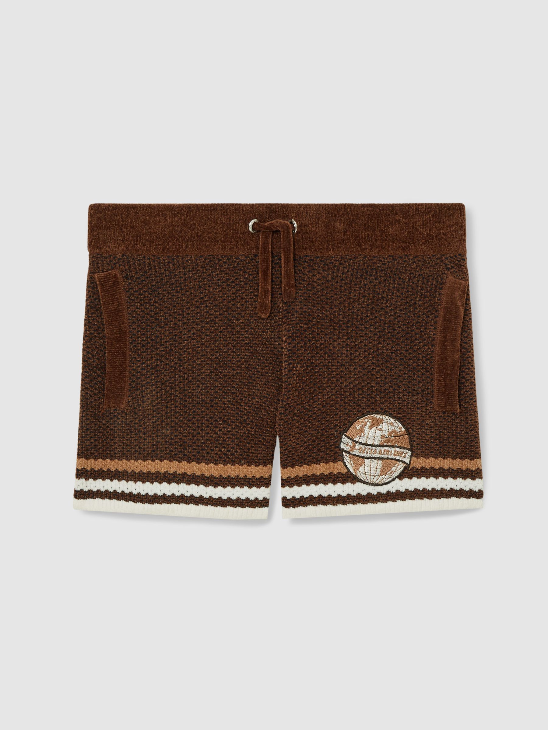 13-14 yrs Chenille Airlines Embroidery Shorts in Brown/Taupe Brown/White - Image 1 of 4