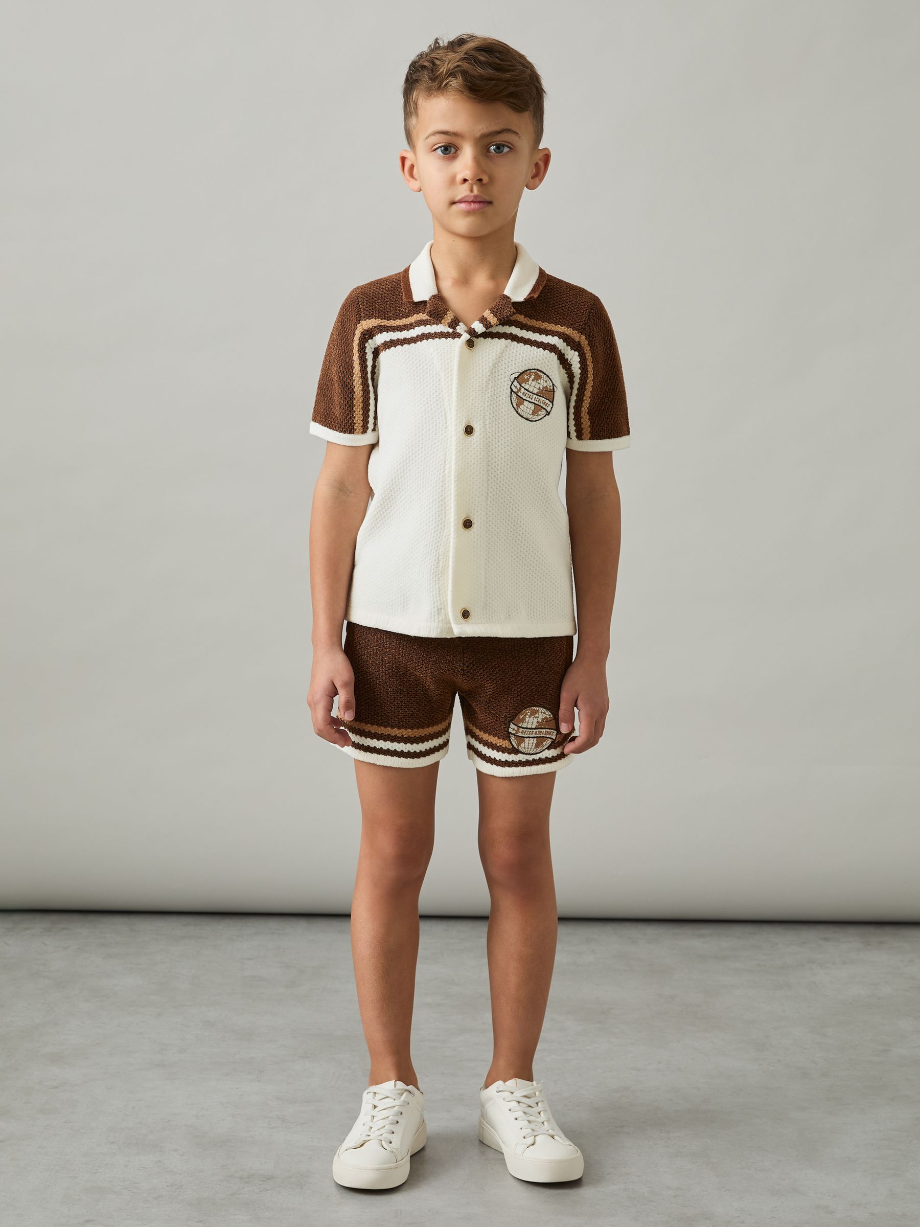 13-14 yrs Chenille Airlines Embroidery Shorts in Brown/Taupe Brown/White - Image 2 of 4