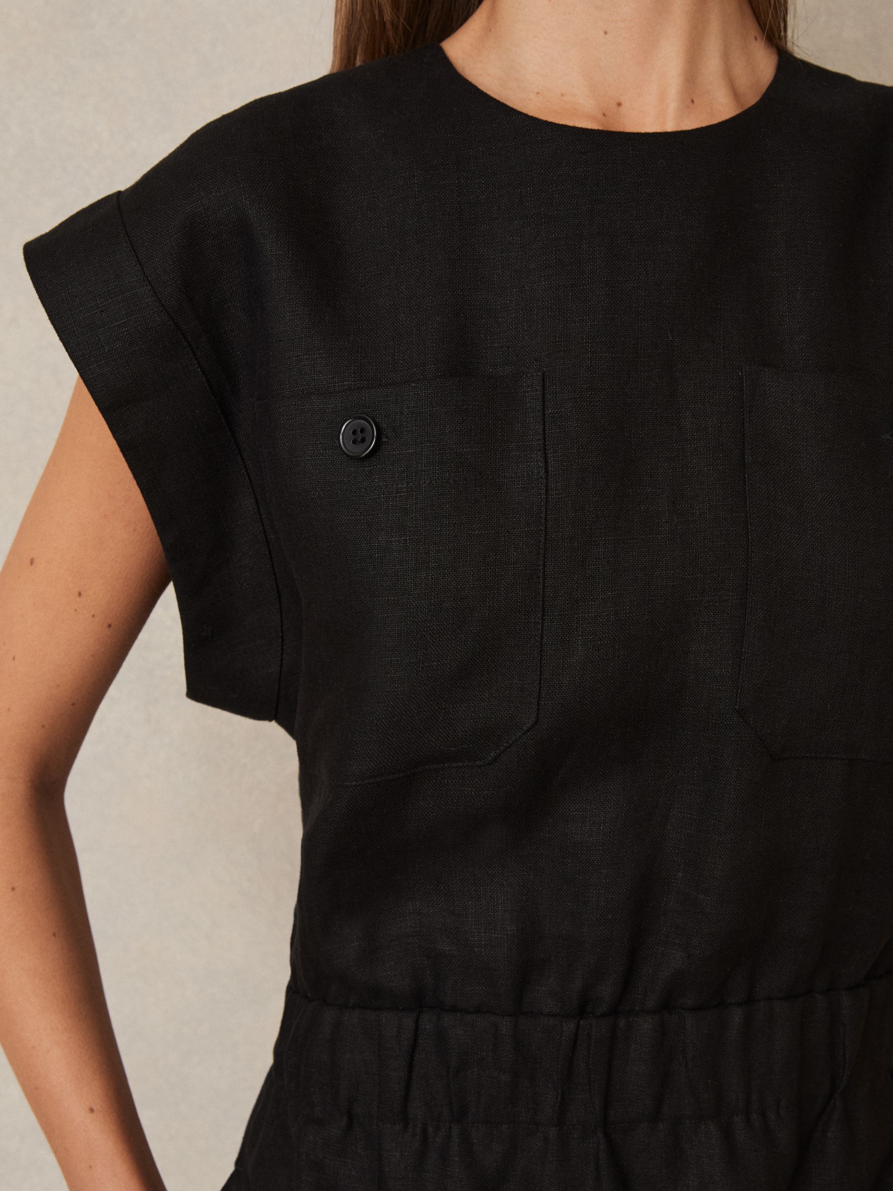 Linen Short Sleeve Mini Dress in Black - Image 4 of 6