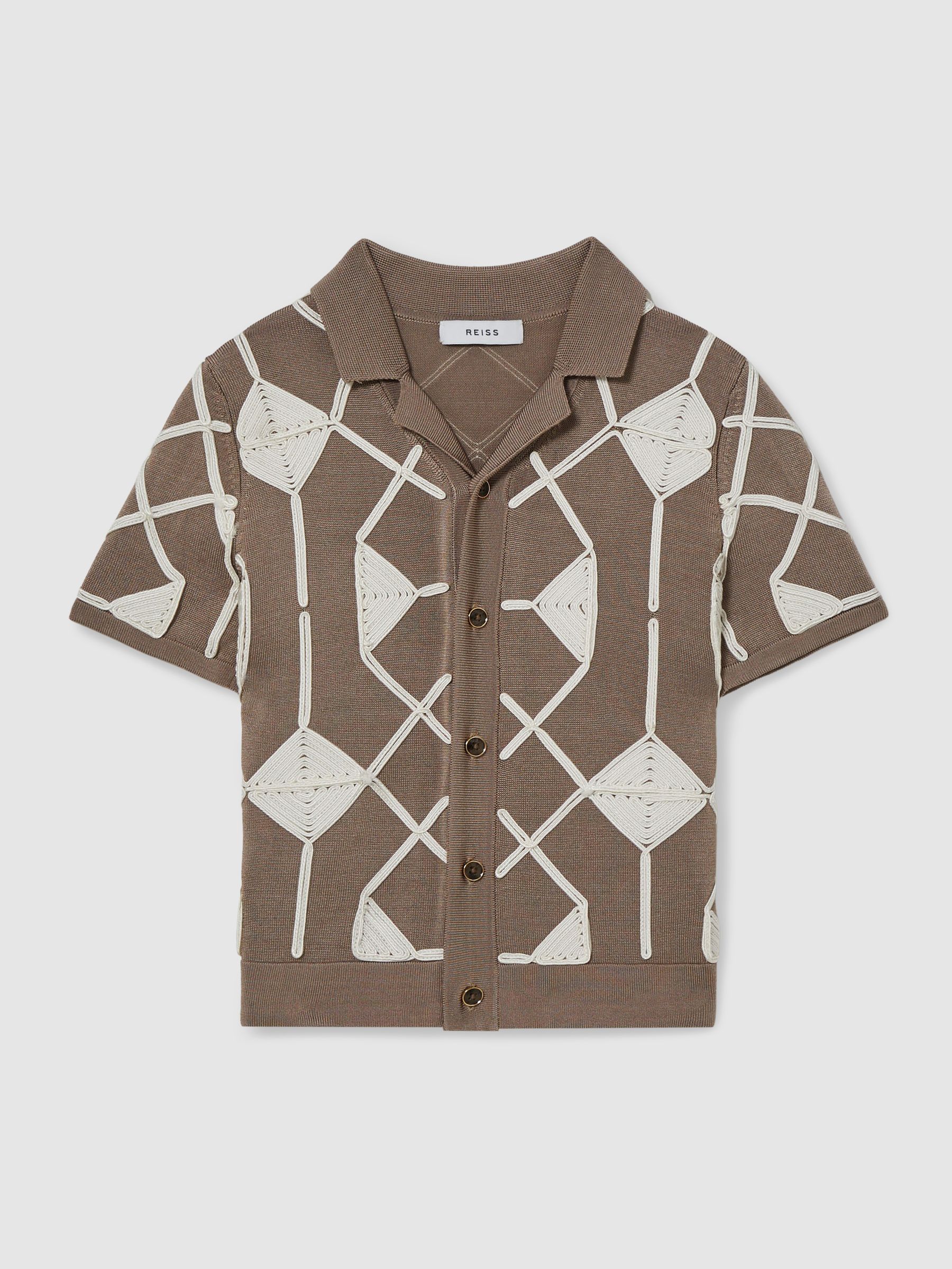 13-14 yrs Geometric Embroidery Knit Shirt in Mink Brown/ Off White - Image 1 of 4
