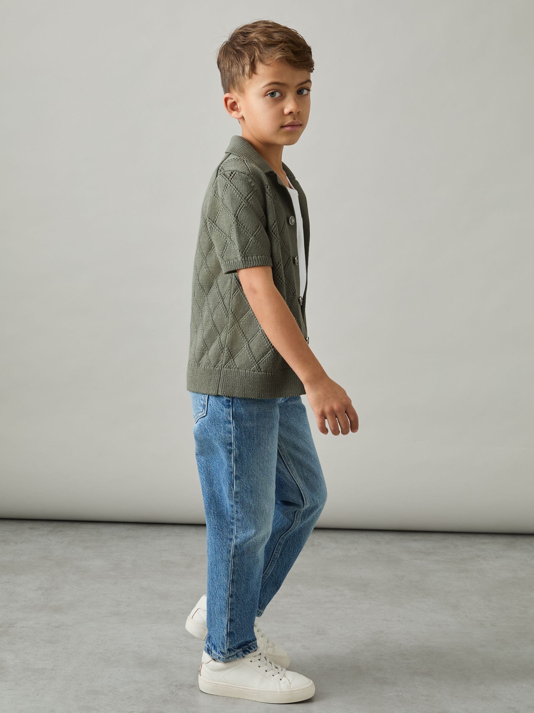 13-14 yrs Cotton Blend Diamond Knit Shirt in Dark Sage - Image 3 of 4