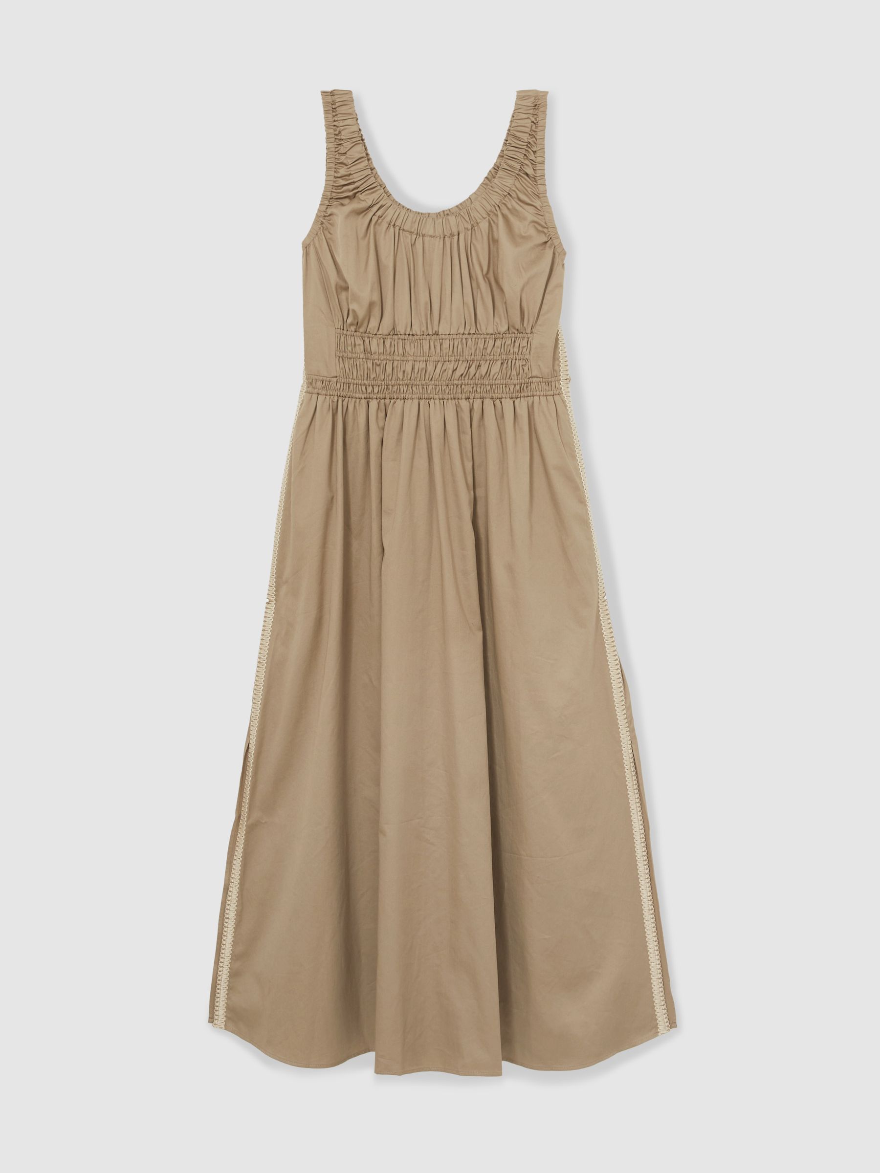 Cotton Craft-Stitch Shirred Midi Dress in Khaki - Image 2 of 5