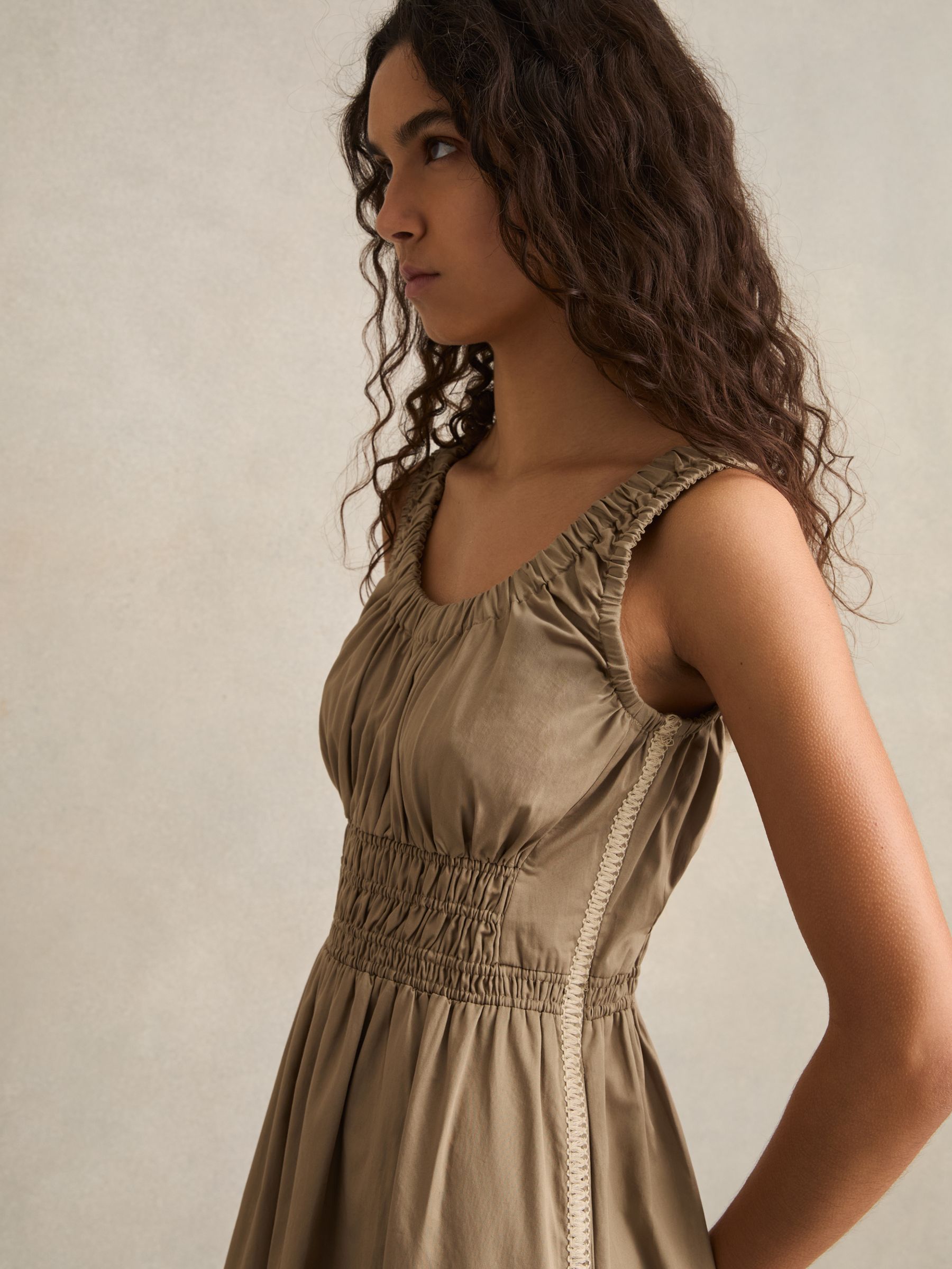 Cotton Craft-Stitch Shirred Midi Dress in Khaki - Image 3 of 5