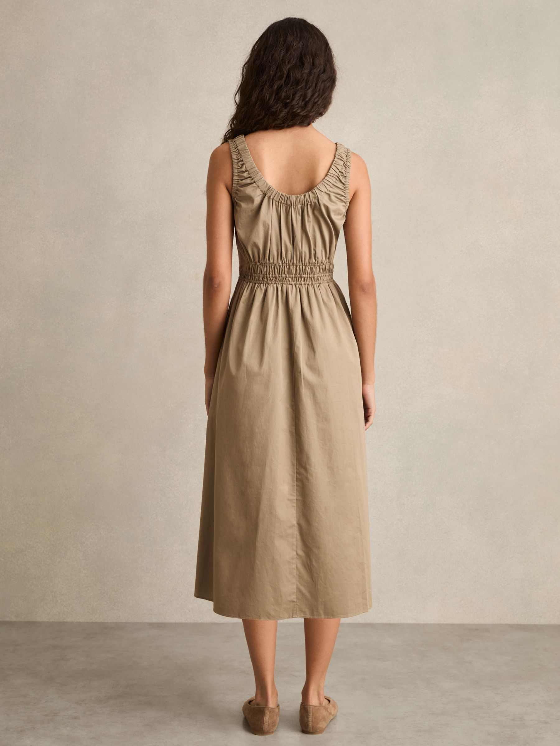 Cotton Craft-Stitch Shirred Midi Dress in Khaki - Image 4 of 5