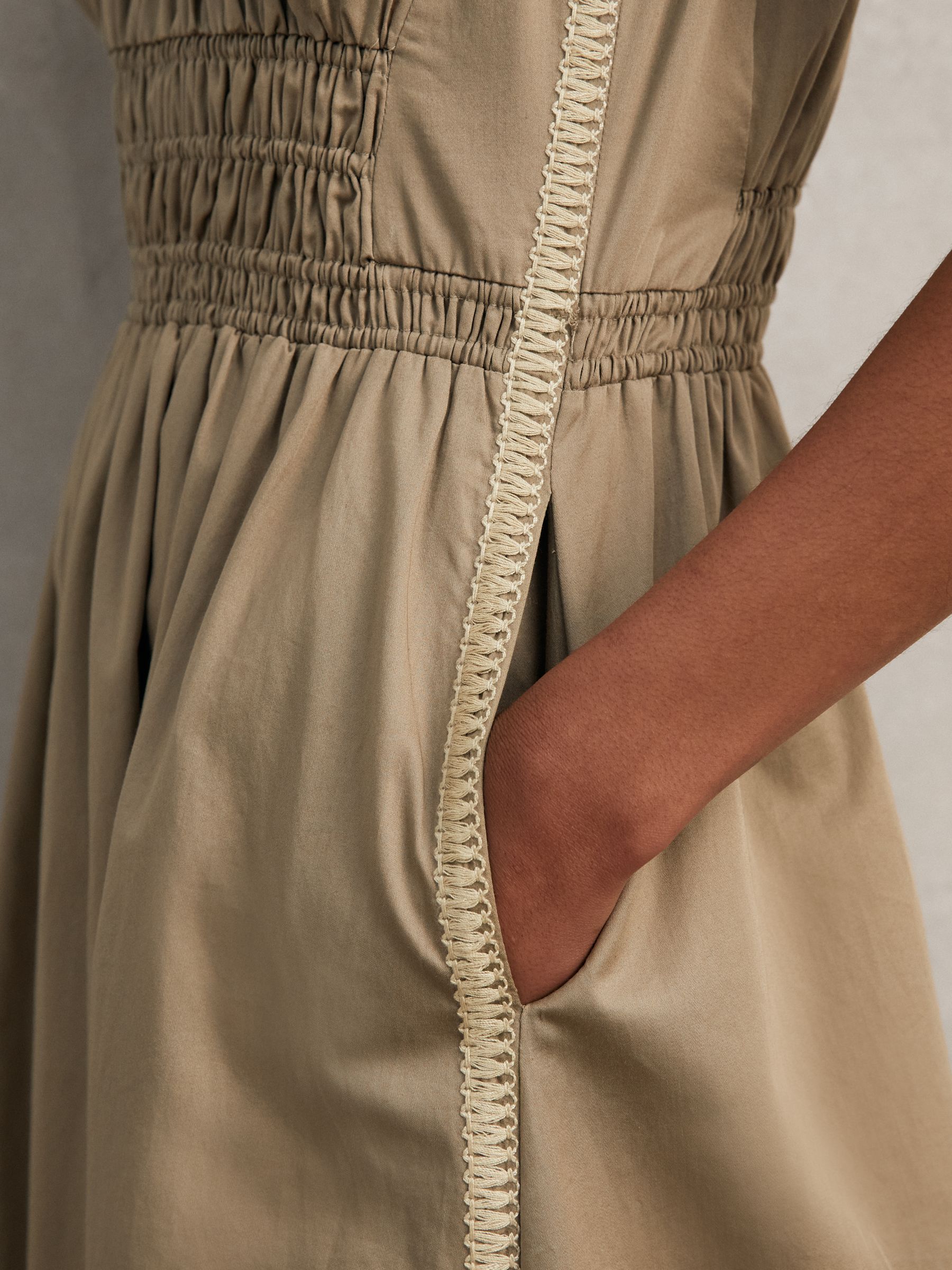 Cotton Craft-Stitch Shirred Midi Dress in Khaki - Image 4 of 5