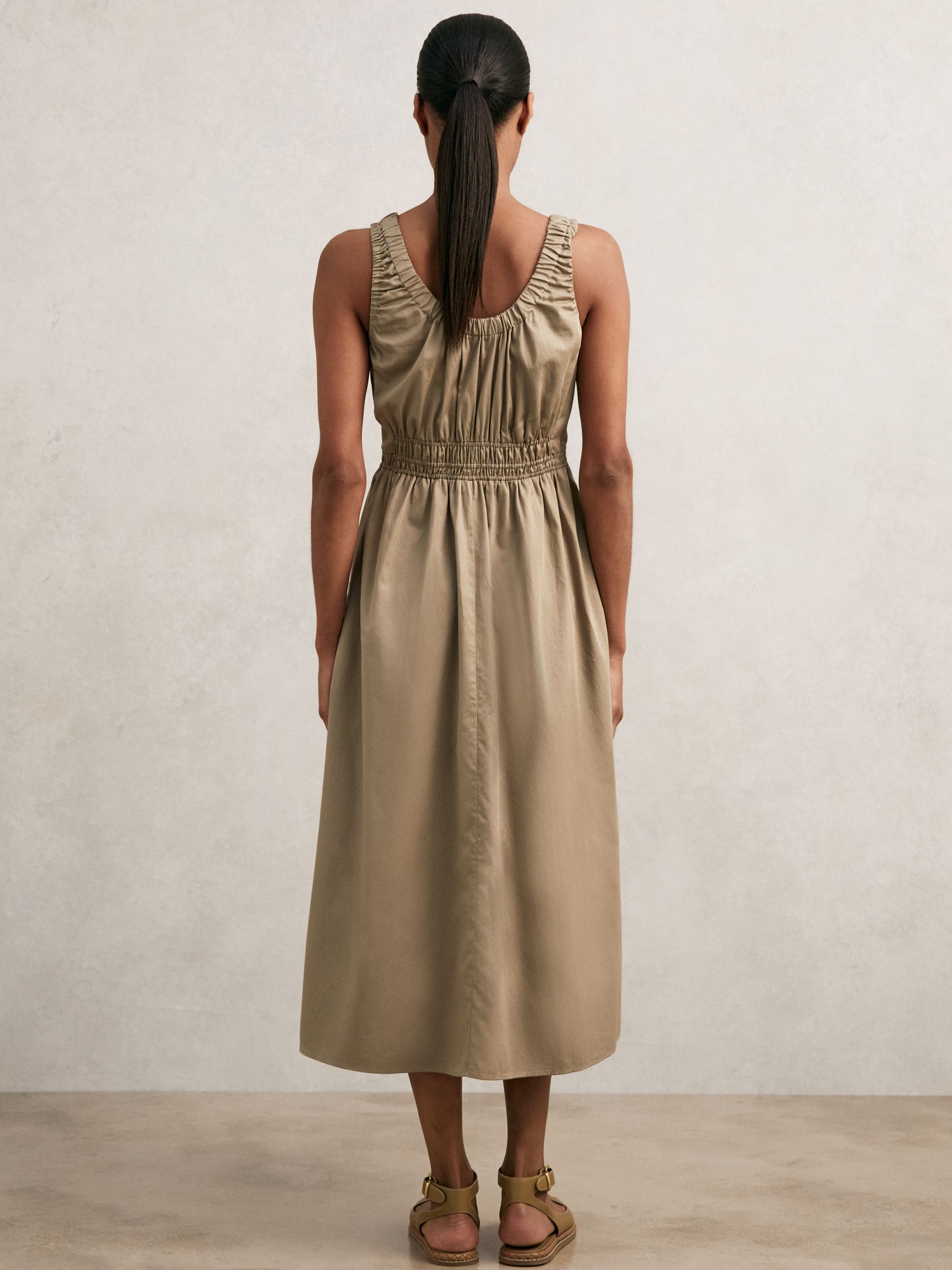 Reiss Cotton Craft-Stitch Shirred Midi Dress in Khaki - REISS