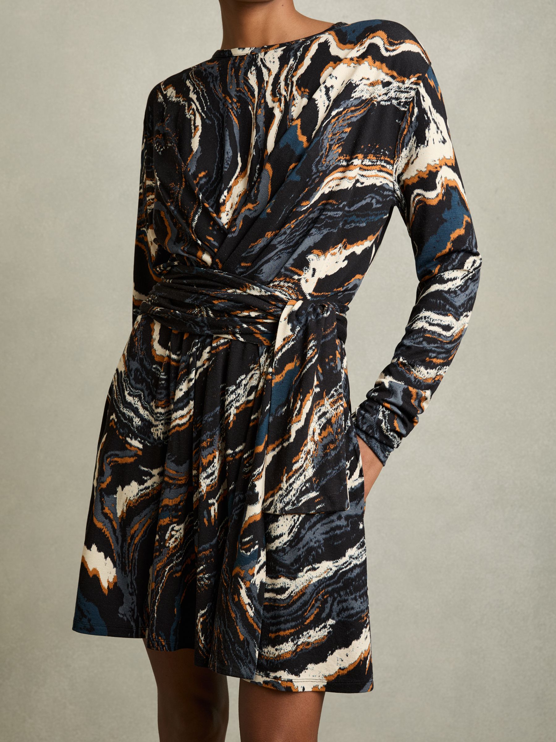 Jersey Printed Tie-Waist Mini Dress in Black/Blue - Image 3 of 5