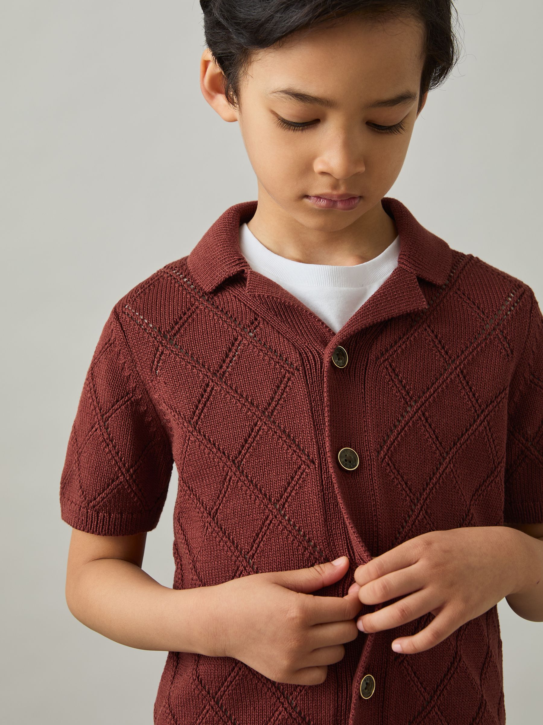 13-14 yrs Cotton Blend Diamond Knit Shirt in Paprika Red - Image 3 of 4