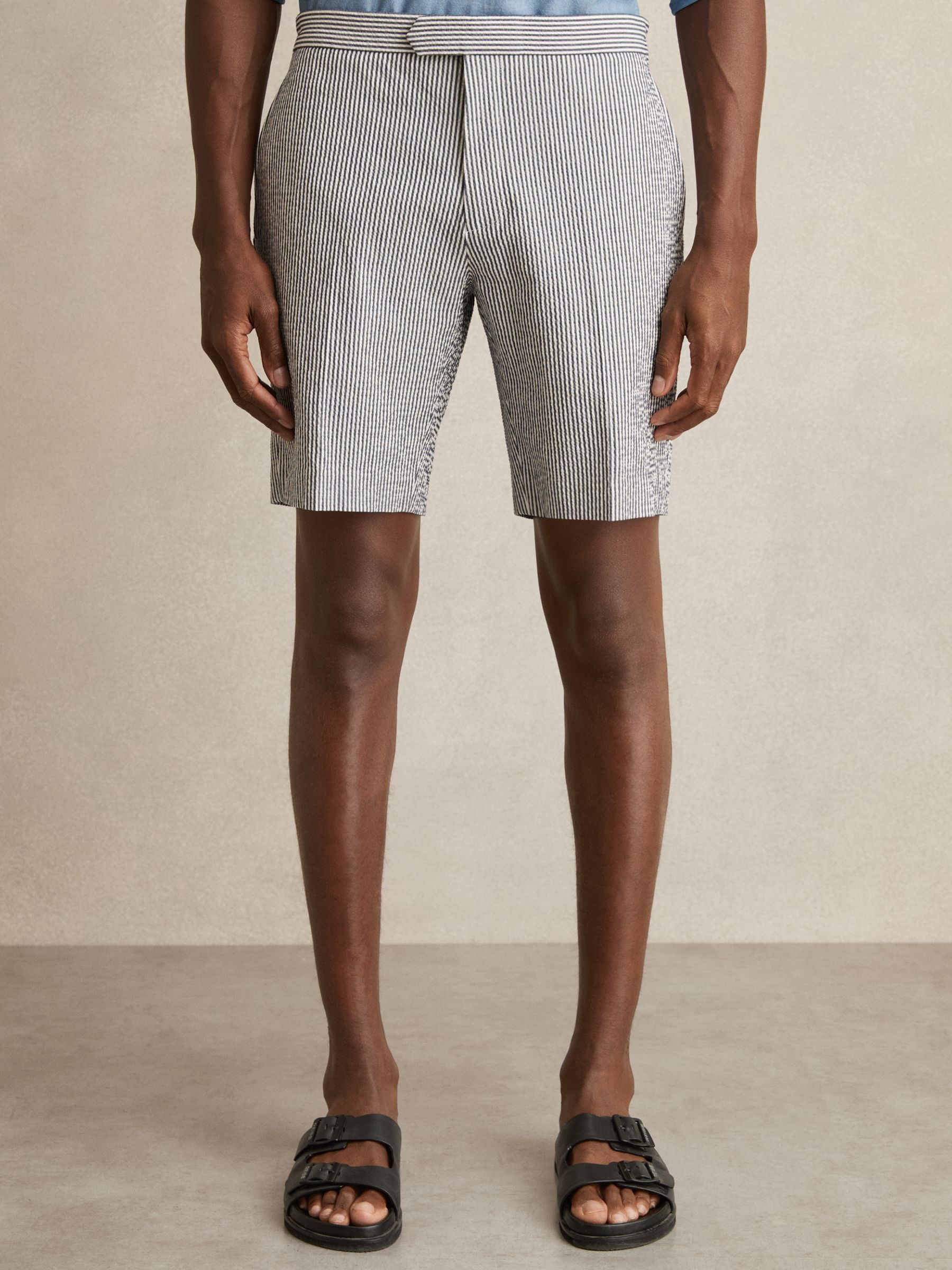 Stretch-Cotton Seersucker Striped Shorts in Navy/White - Image 3 of 6