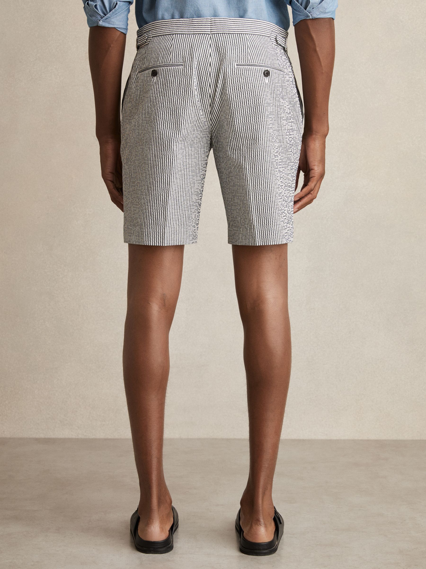 Stretch-Cotton Seersucker Striped Shorts in Navy/White - Image 5 of 6