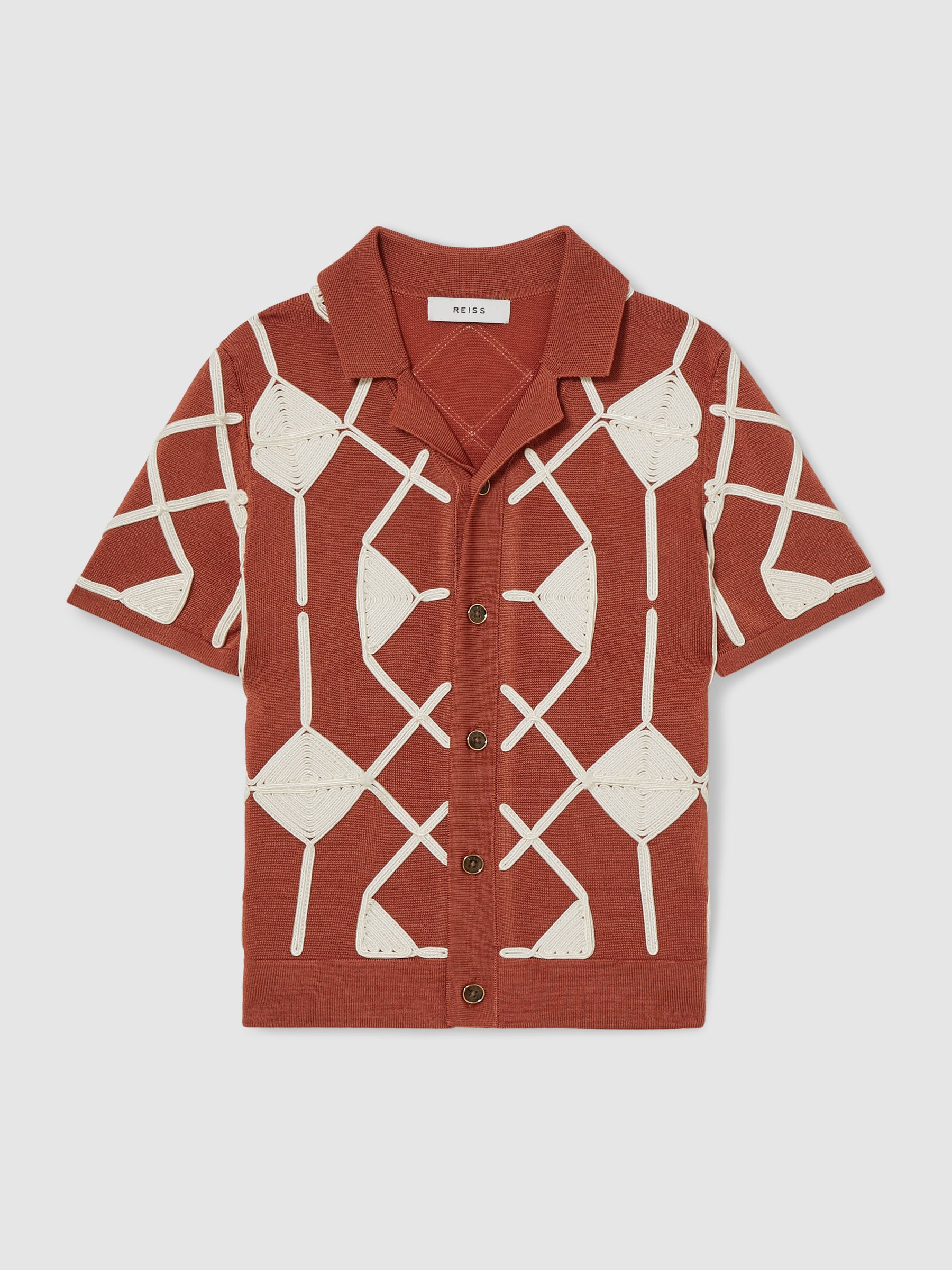 13-14 yrs Geometric Embroidery Knit Shirt in Paprika Red/Off White - Image 1 of 4