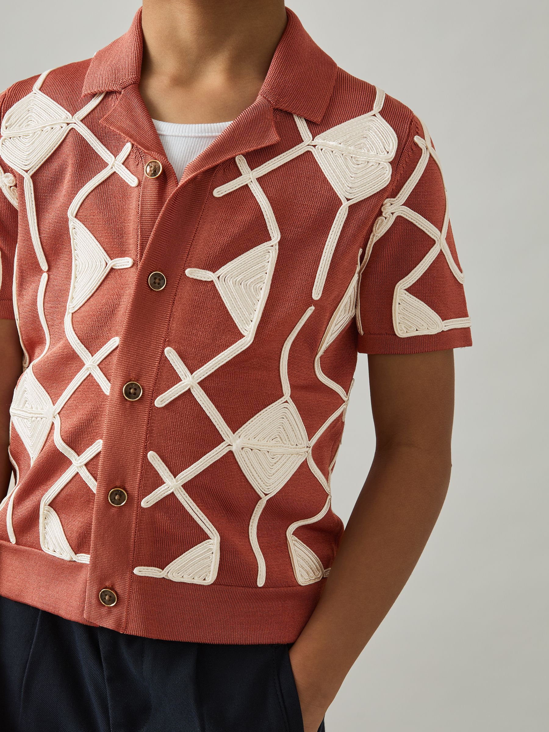 13-14 yrs Geometric Embroidery Knit Shirt in Paprika Red/Off White - Image 2 of 4