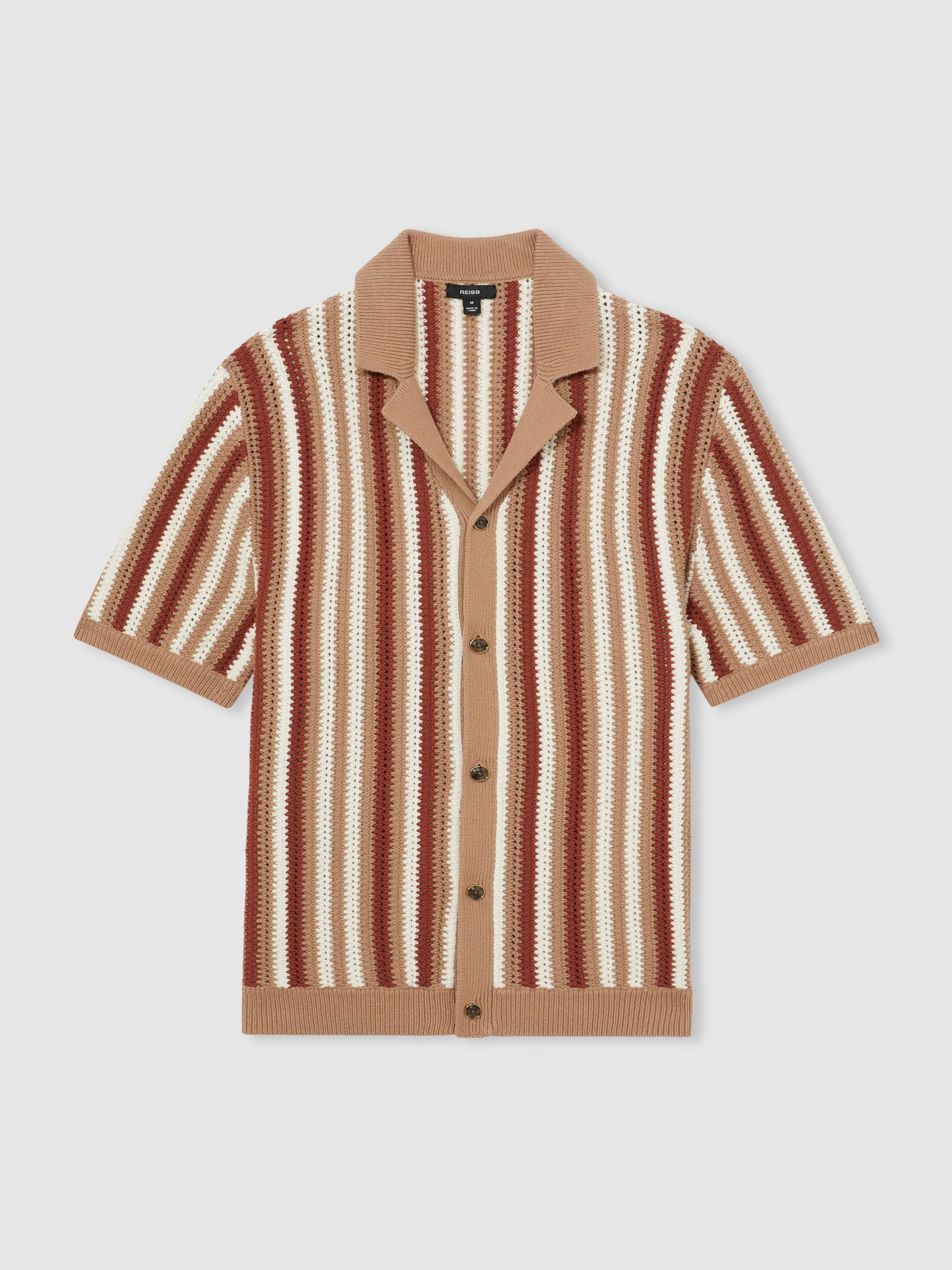 Cotton Crochet Stripe Cuban Shirt in Camel Multi - Image 2 of 6