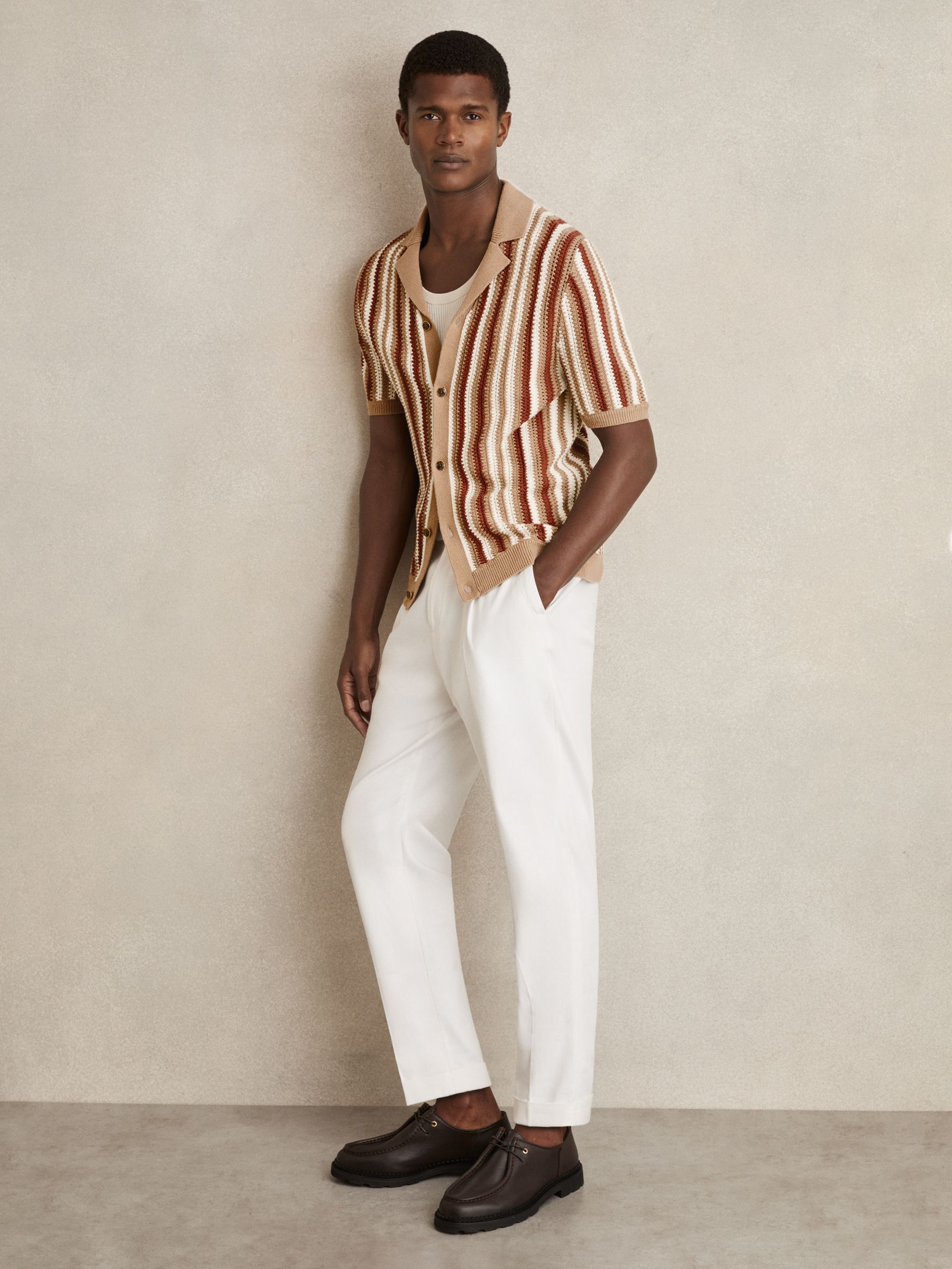 Cotton Crochet Stripe Cuban Shirt in Camel Multi - Image 3 of 6