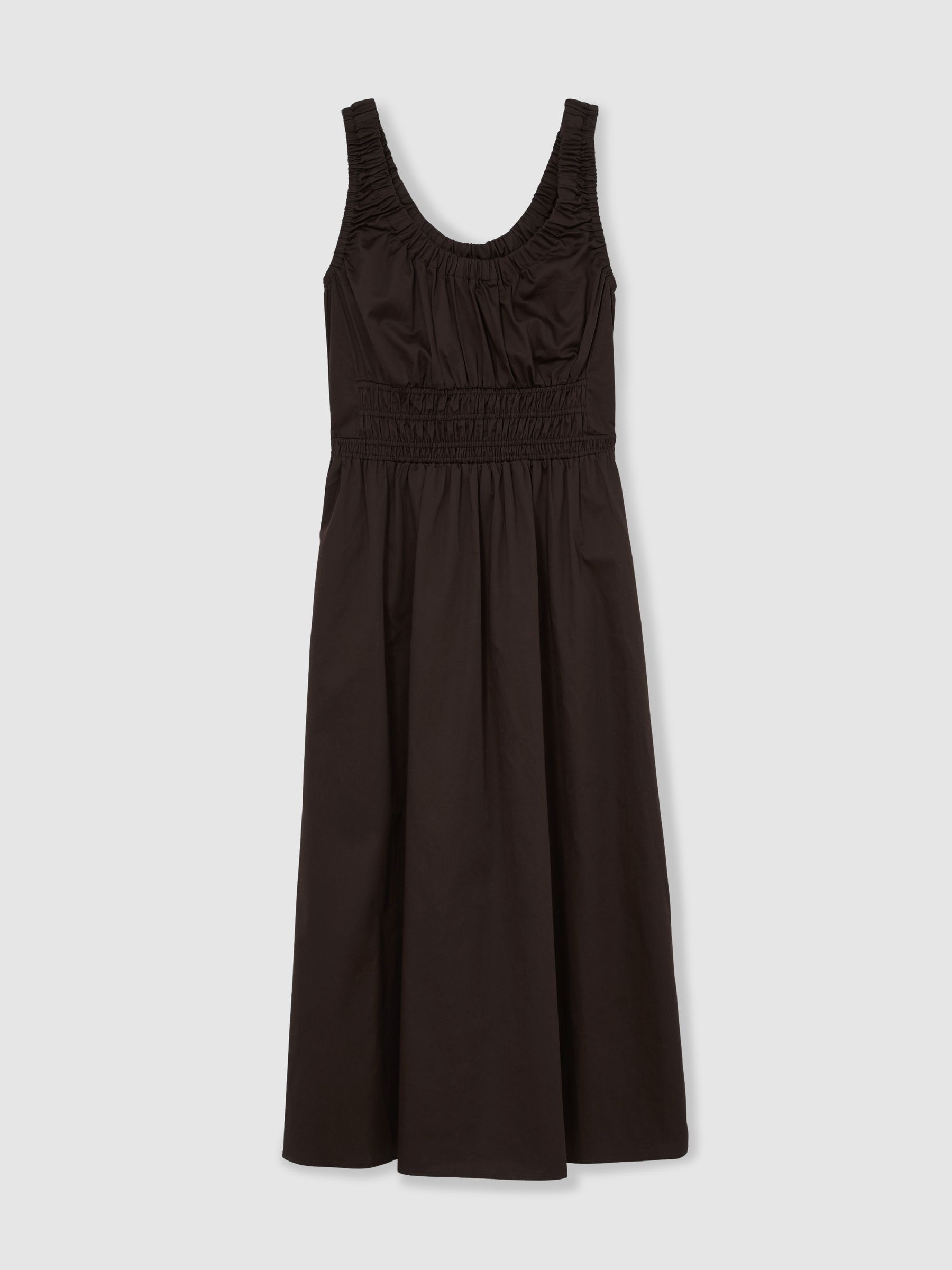 Cotton Craft-Stitch Shirred Midi Dress in Brown - Image 2 of 6