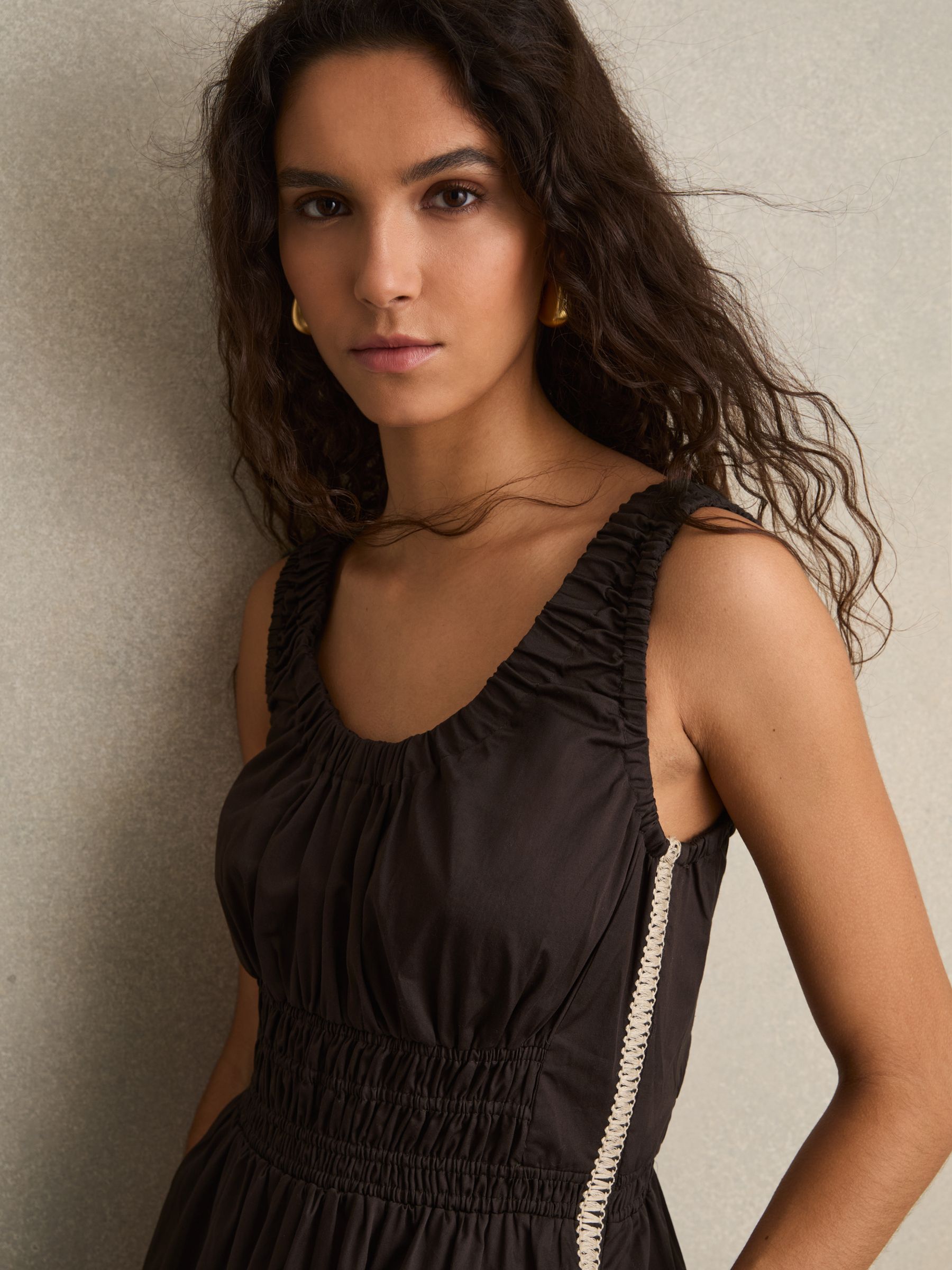 Cotton Craft-Stitch Shirred Midi Dress in Brown - Image 3 of 6