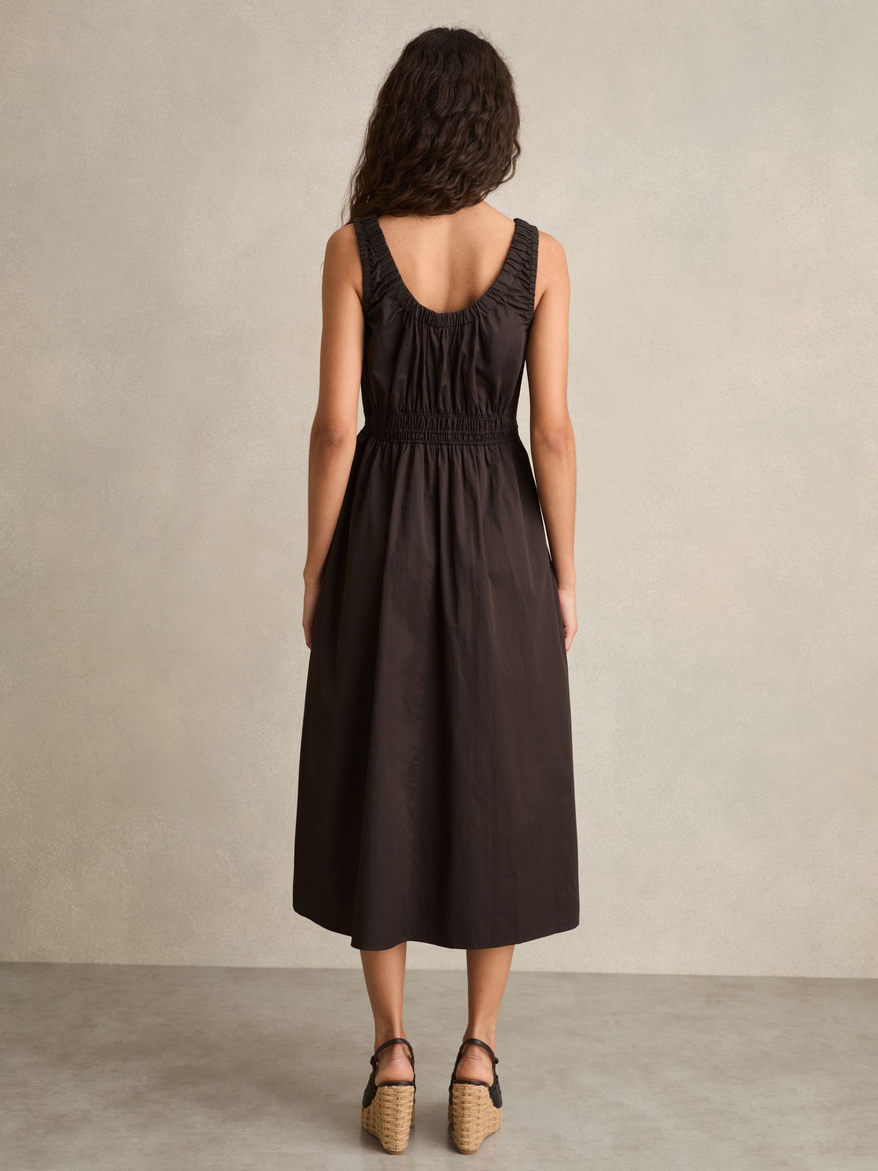 Cotton Craft-Stitch Shirred Midi Dress in Brown - Image 4 of 6