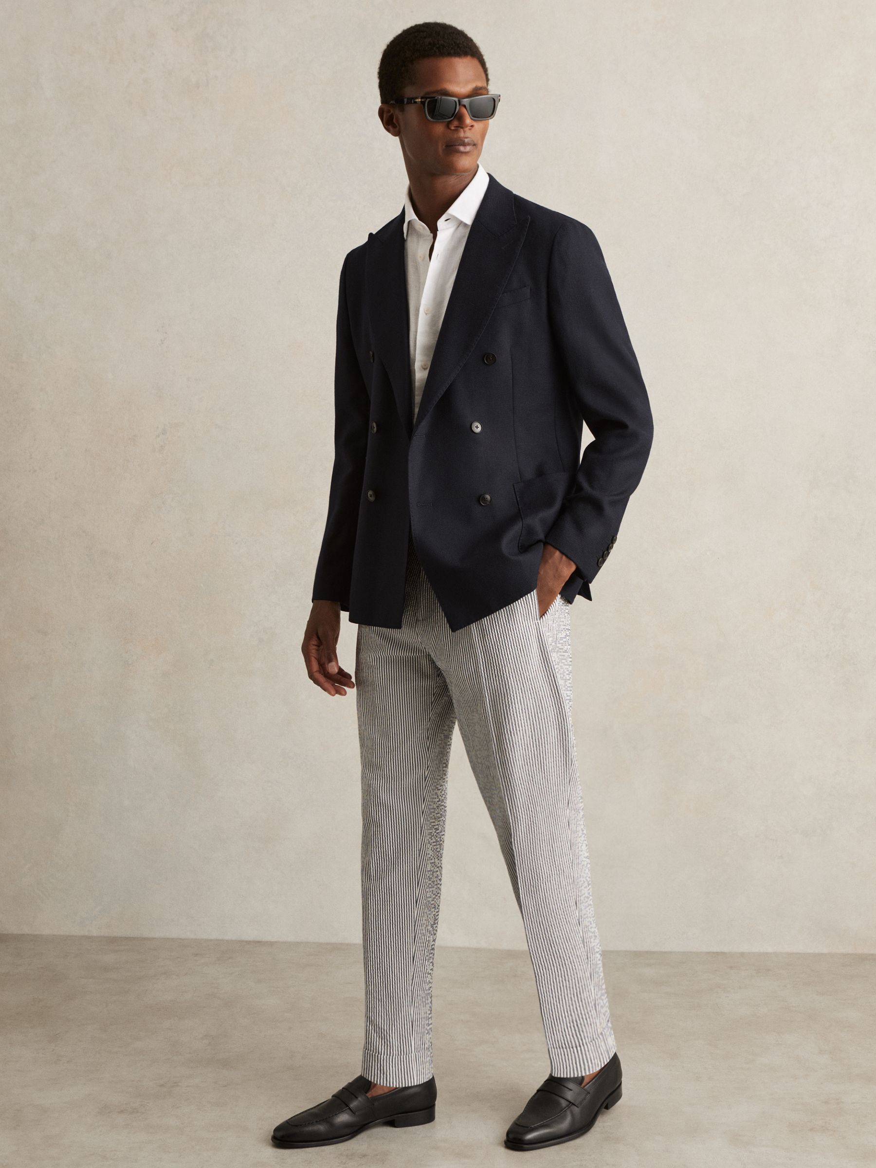 Stretch Seersucker Stripe Trousers in Navy/White - Image 3 of 8