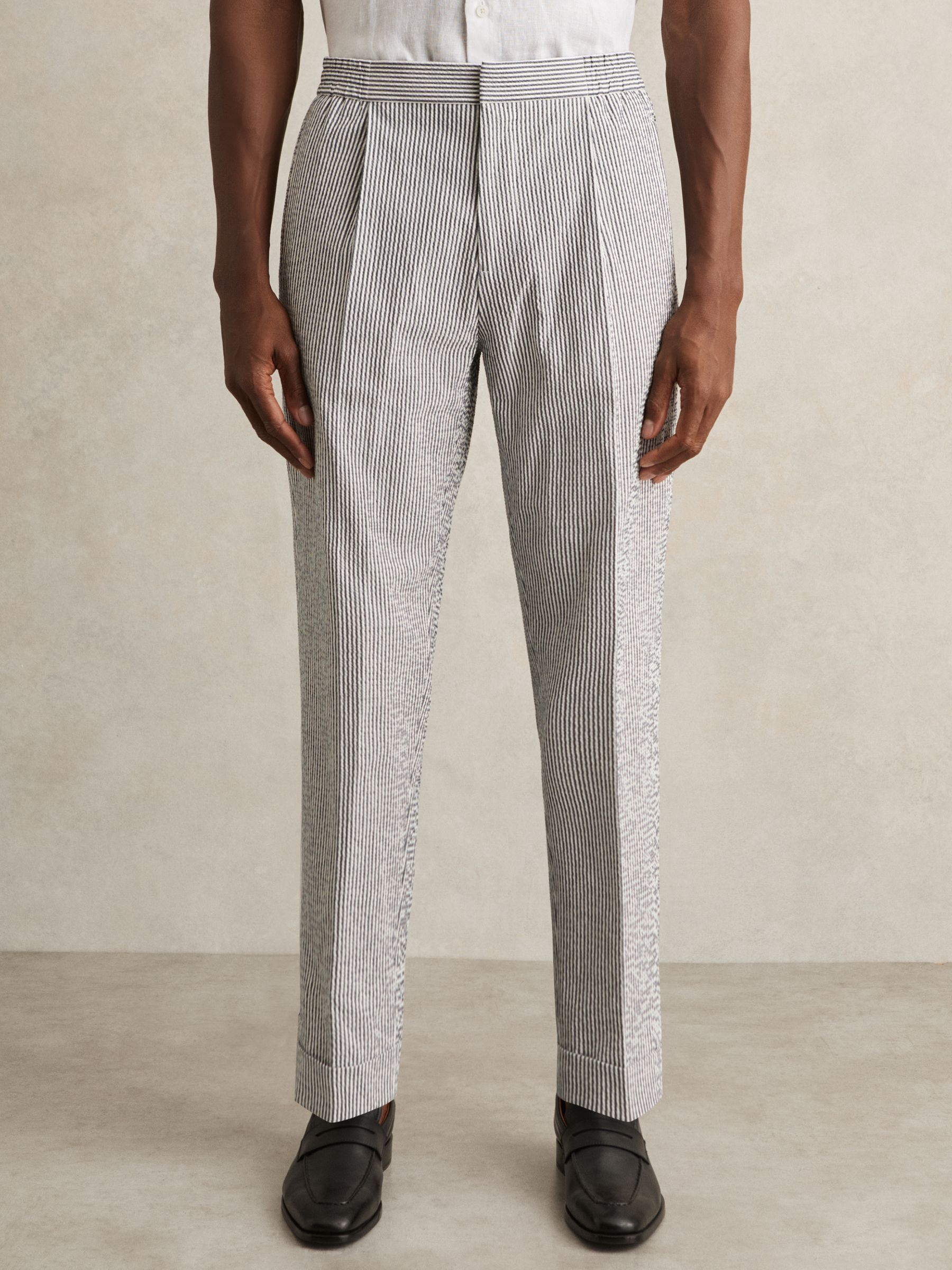 Stretch Seersucker Stripe Trousers in Navy/White - Image 4 of 8