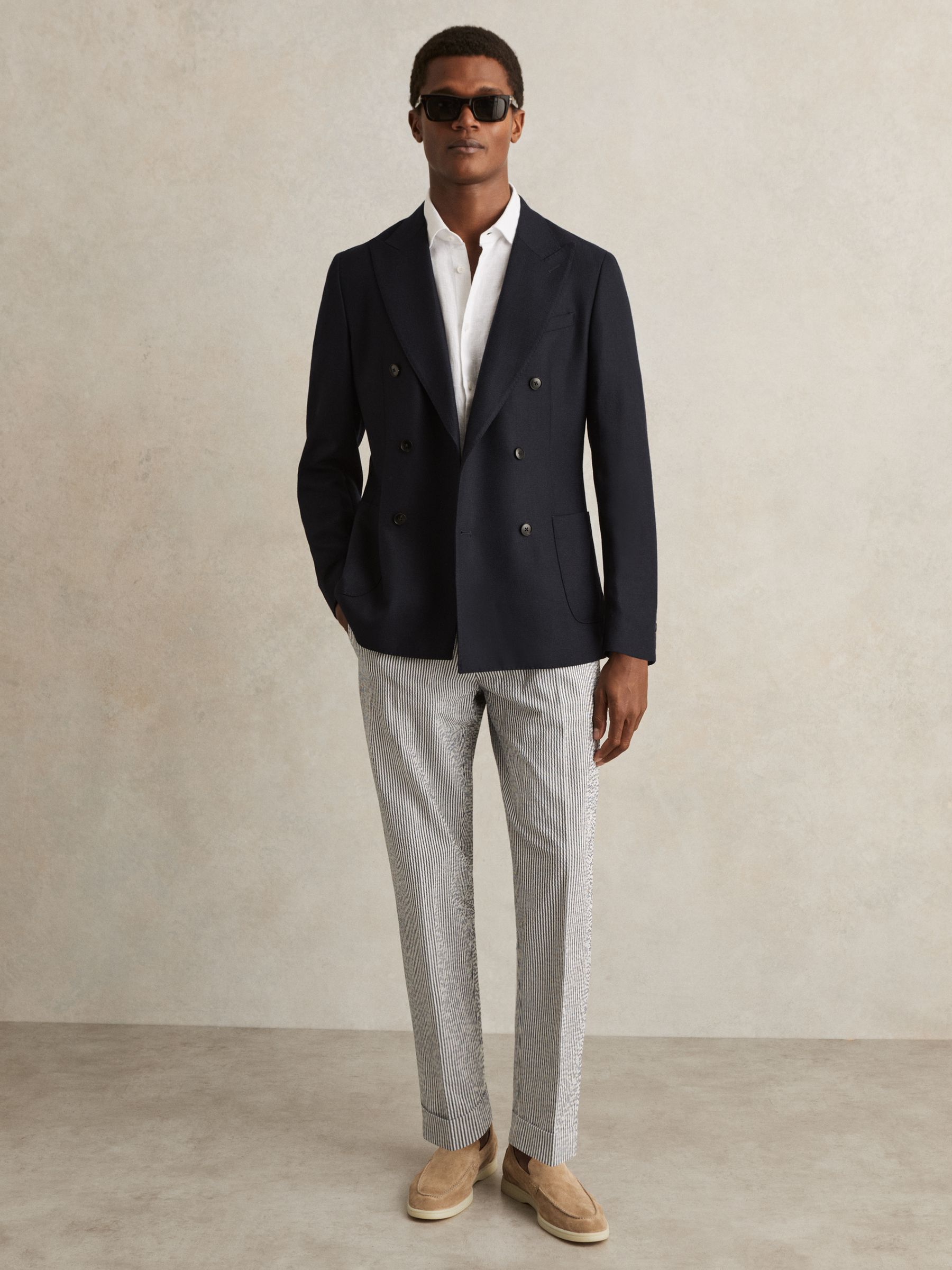 Reiss Stretch Seersucker Stripe Trousers in Navy/White | REISS