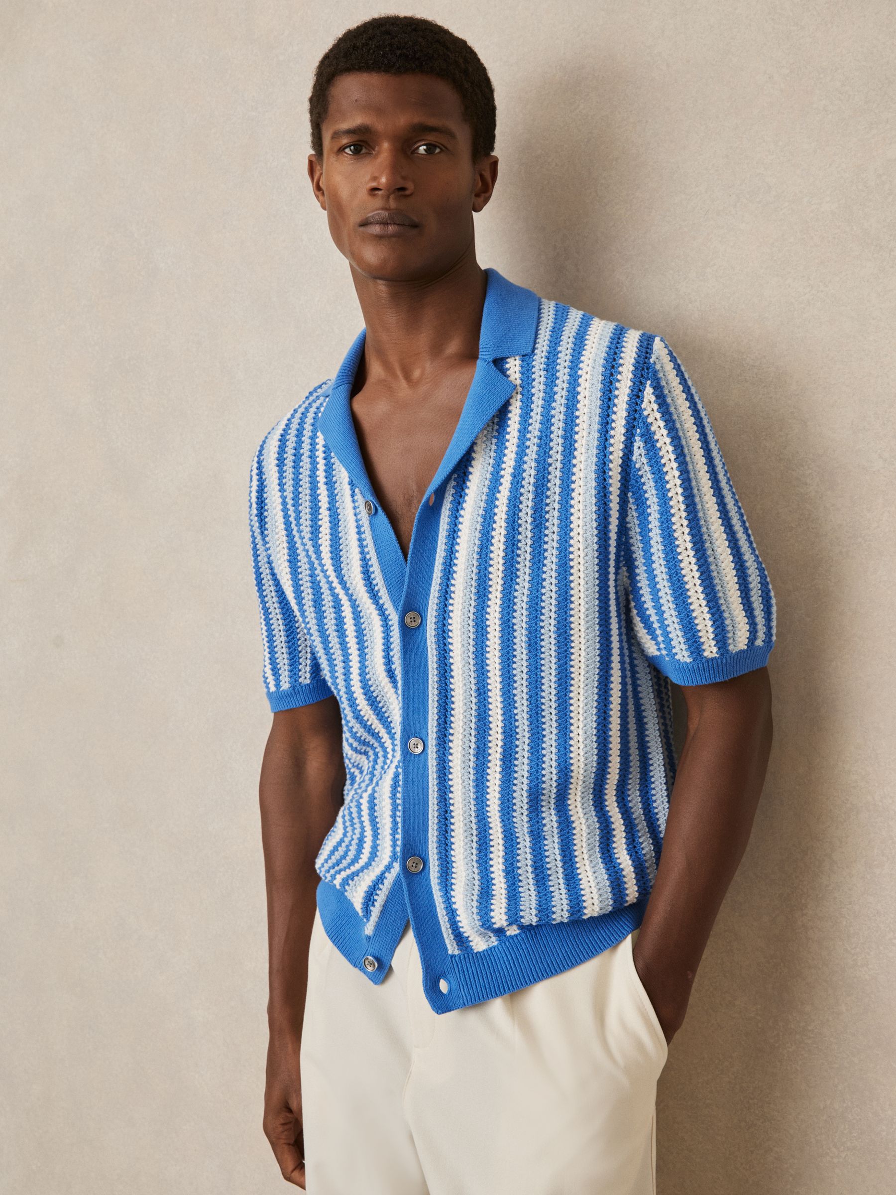 Cotton Crochet Stripe Cuban Shirt in Blue Multi - Image 1 of 5