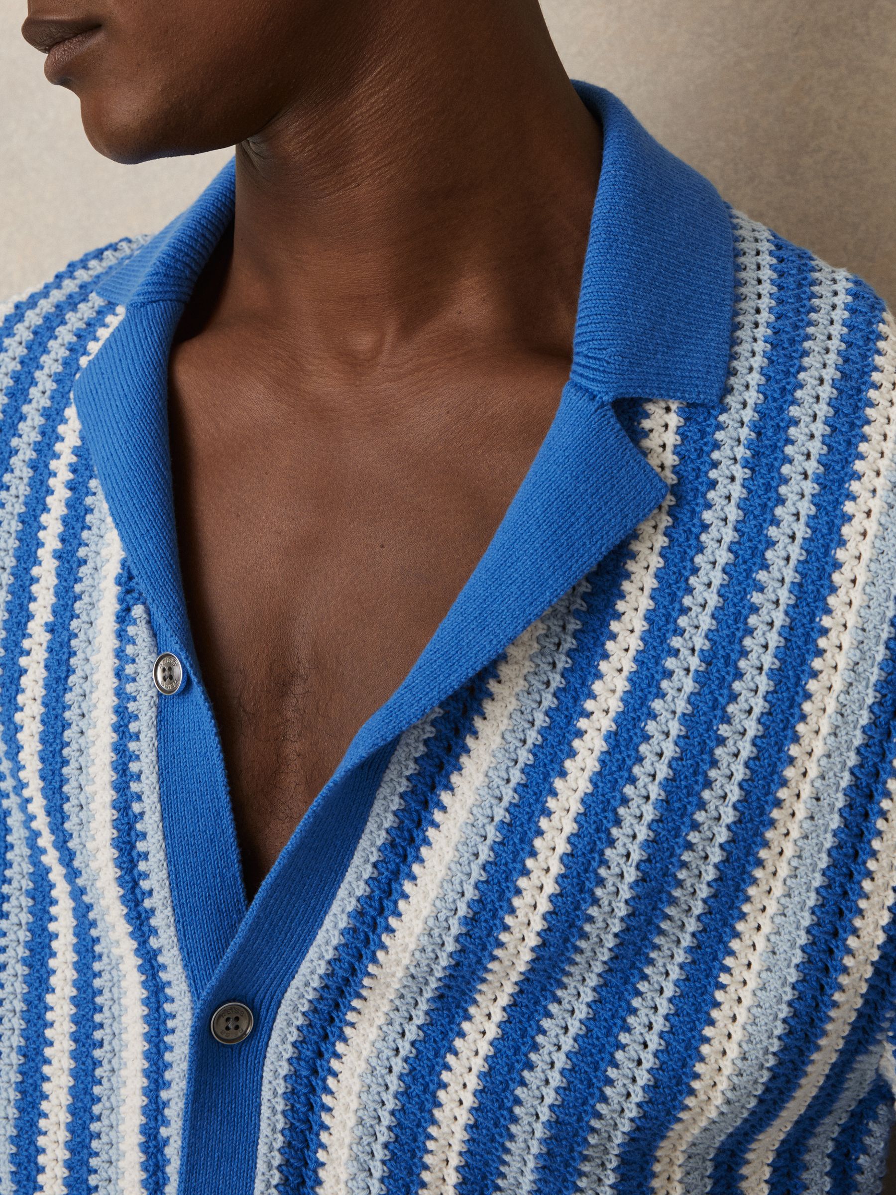 Cotton Crochet Stripe Cuban Shirt in Blue Multi - Image 3 of 5
