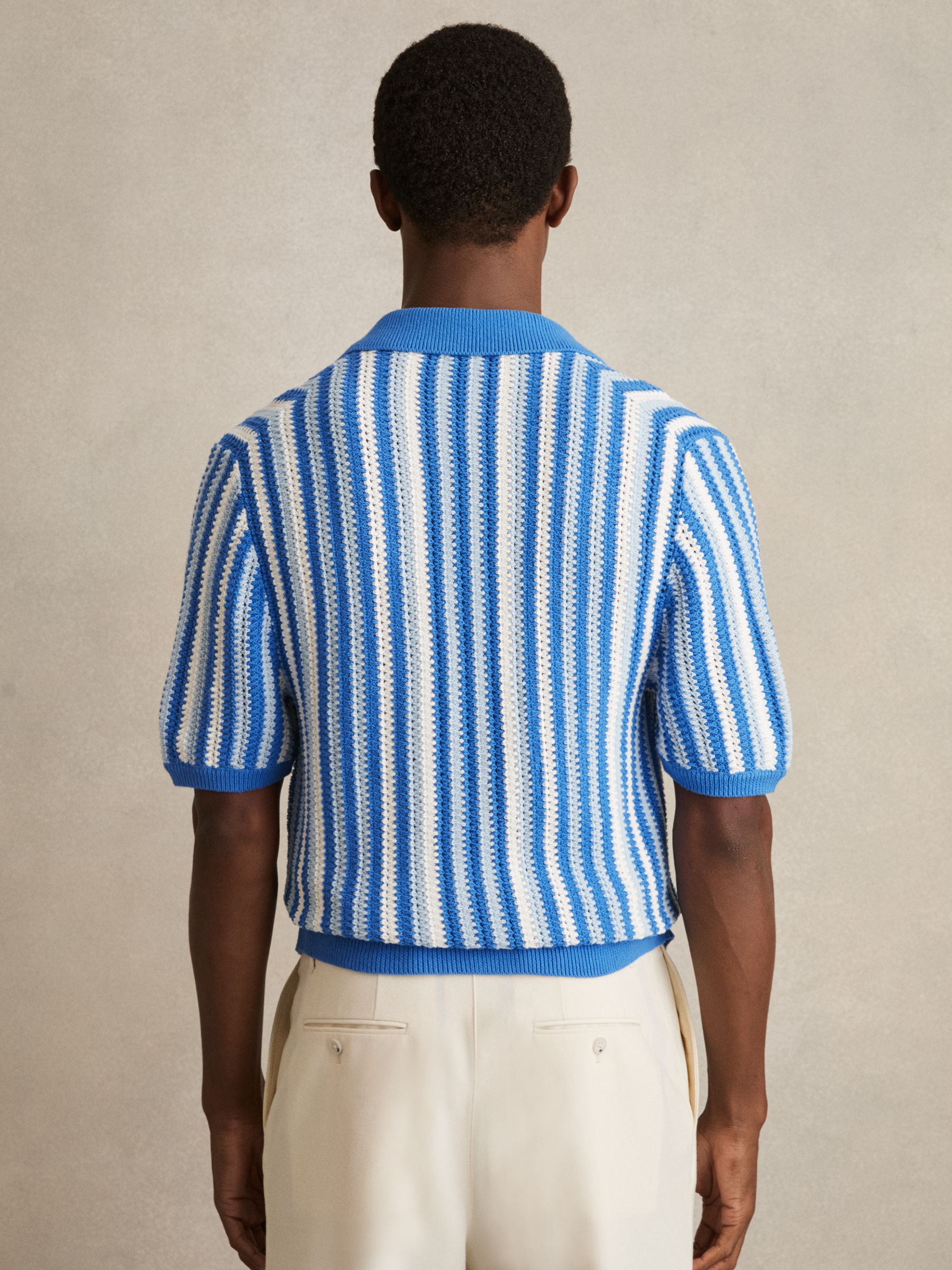 Reiss Cotton Crochet Stripe Cuban Shirt in Blue Multi | REISS
