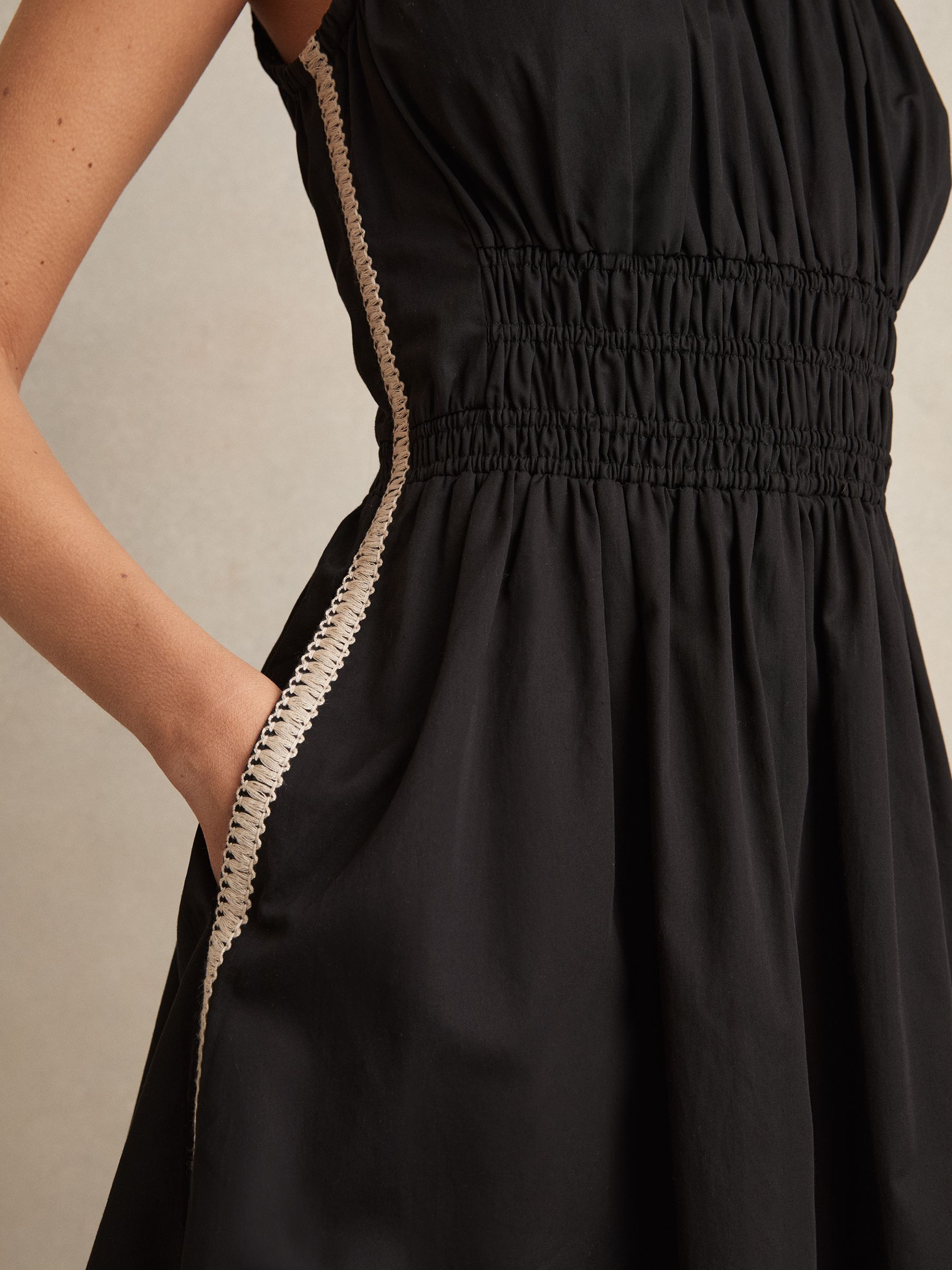 Cotton Craft-Stitch Shirred Mini Dress in Black - Image 3 of 6