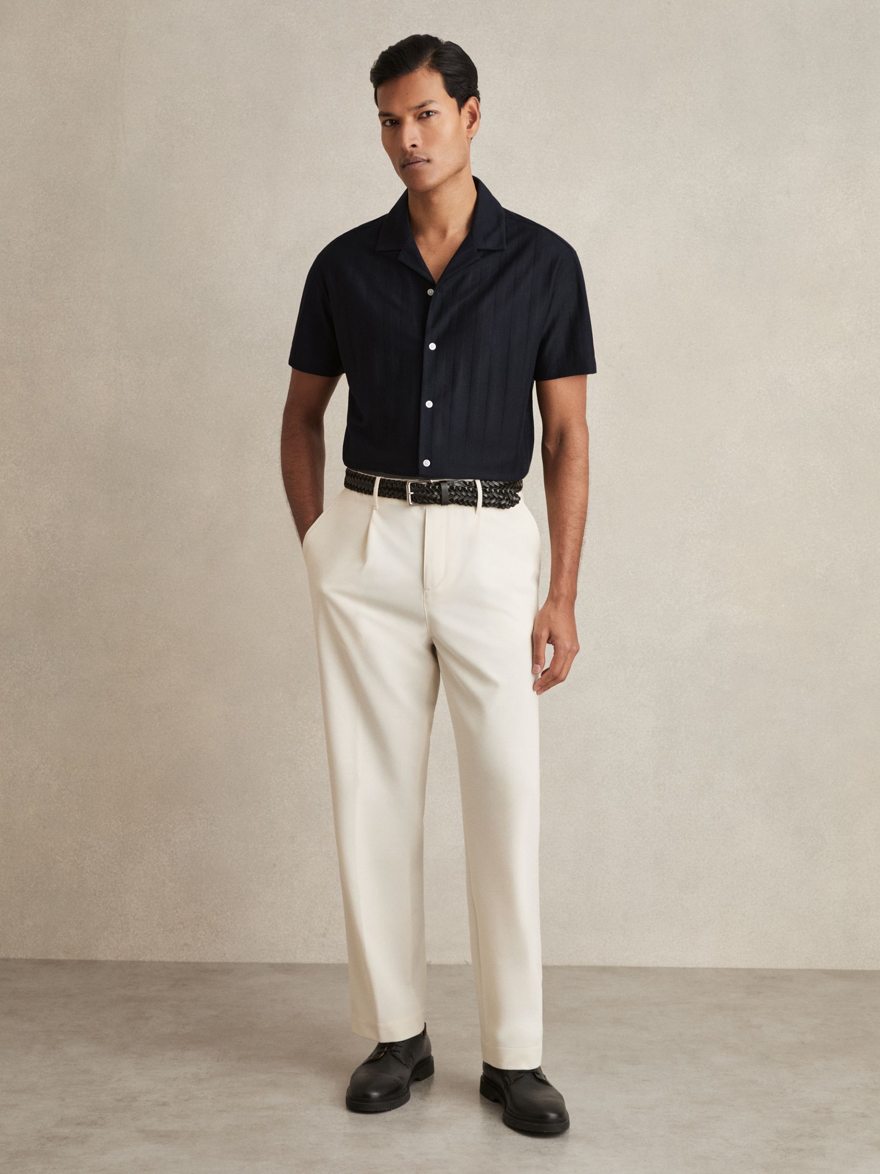 Cotton Textured Cuban-Collar Shirt in Navy - Image 3 of 6