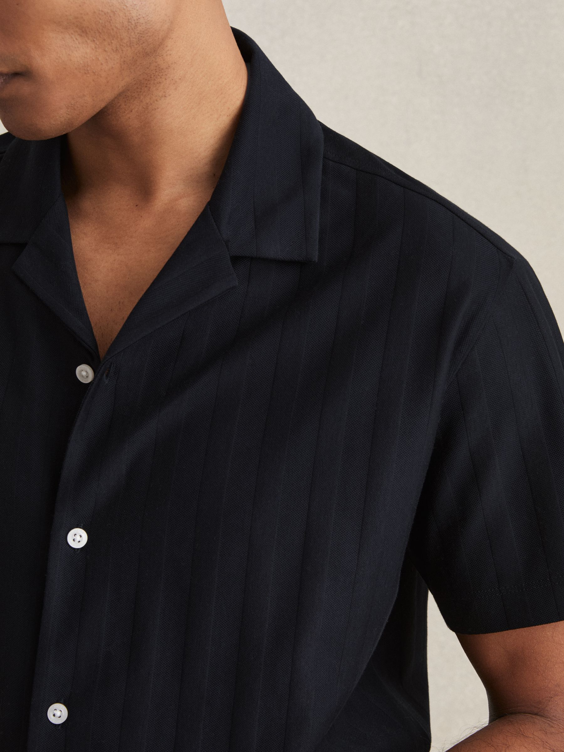 Cotton Textured Cuban-Collar Shirt in Navy - Image 4 of 6